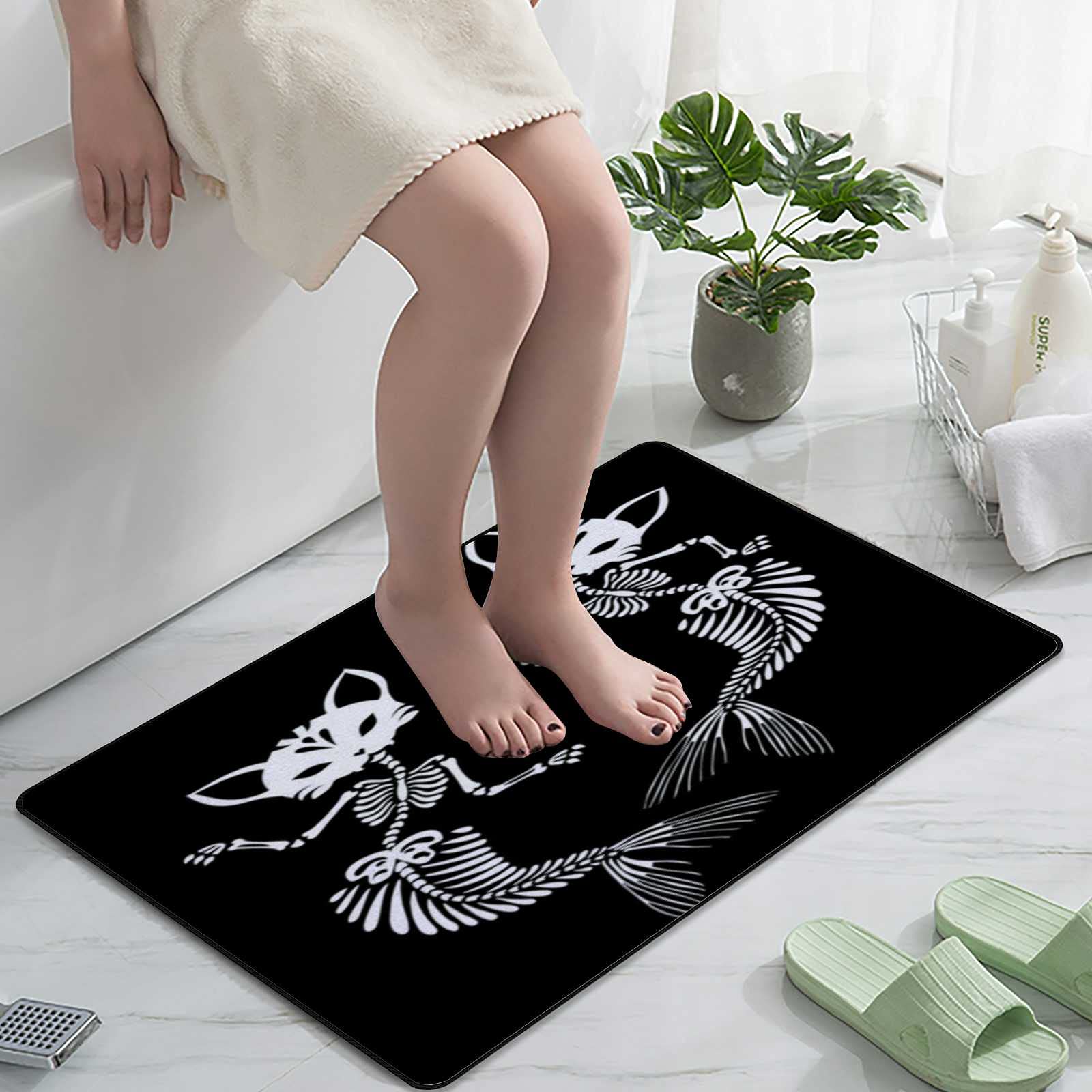 Non-Slip Bath Mat - Soft Absorbent Microfiber Bathroom Rug with Fun Skeleton, Cat & Mermaid Designs - 24x16 Inch Washable Shower Carpet for Bathroom Floor, Entryway & Standing Comfort - Perfect for Kids' Bathrooms, Beach House Decor & Cozy Home Spa Days