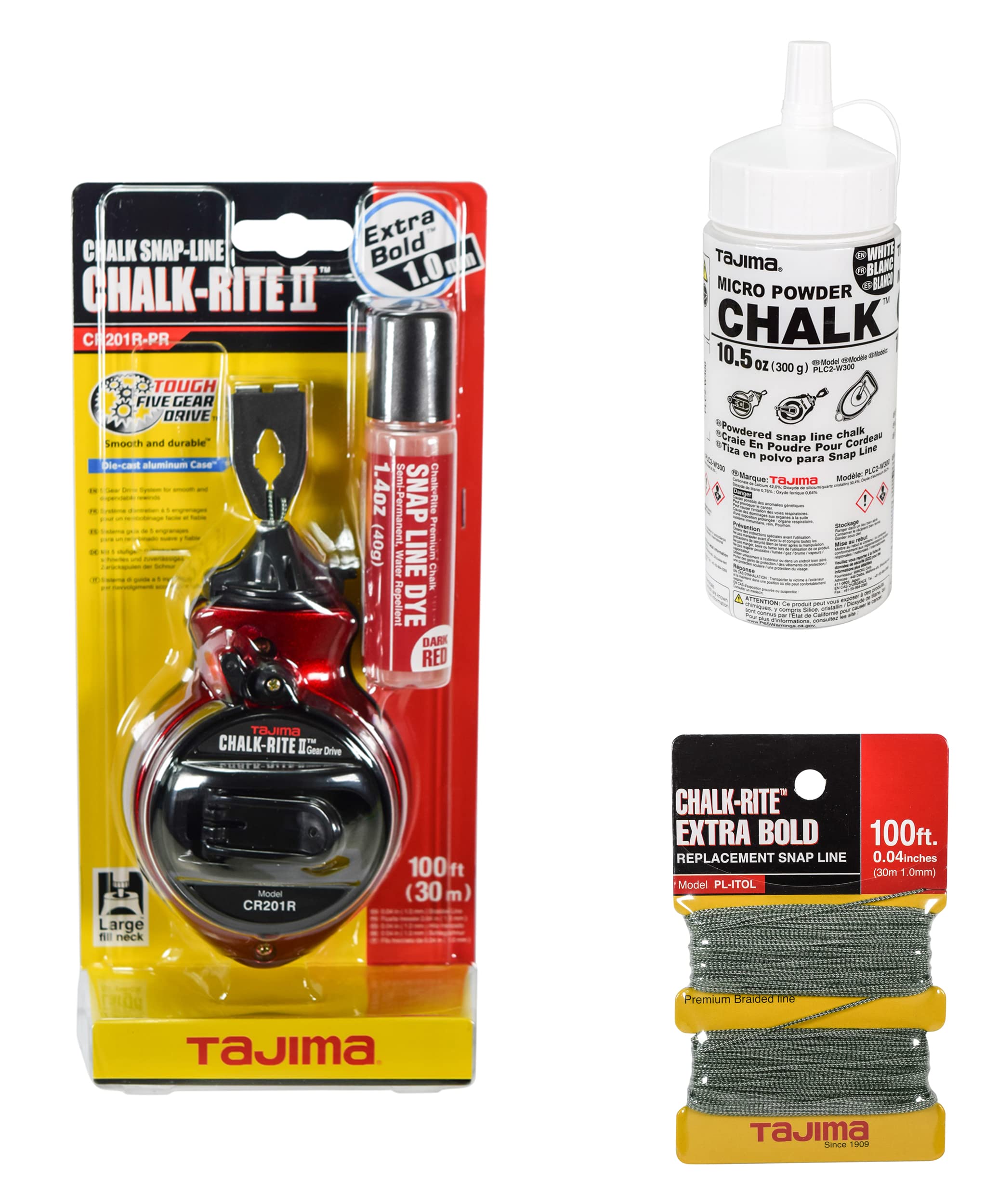 Tajima Chalk-Rite II Extra Bold 1mm Snap Line with Braided Replacement Line & 10.5oz Ultra-Fine White Chalk - Perfect for Construction, Masonry, and DIY Chalk Line Marking