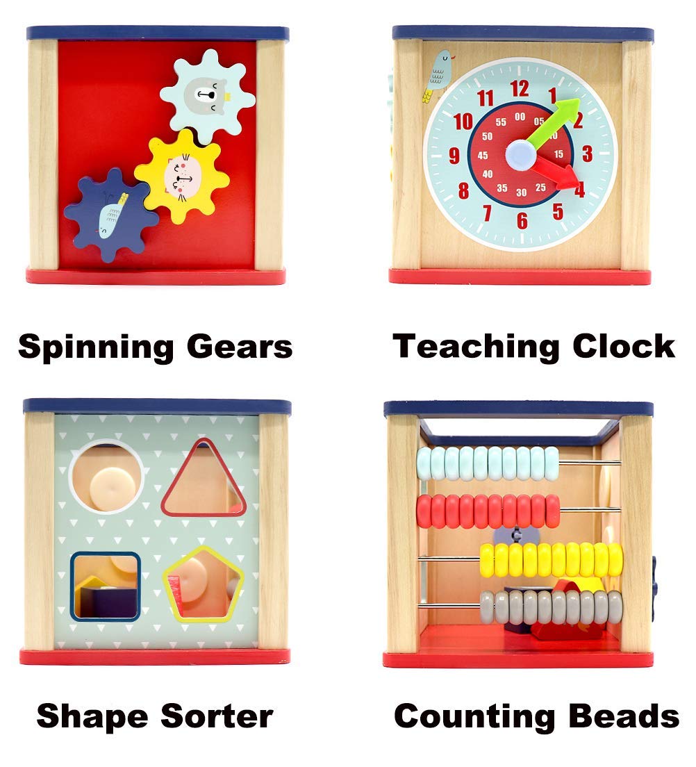LEO & FRIENDS 5-in-1 Activity Cube Wooden Toys for 1-2 Year Old Girls, Montessori Bead Maze & Shape Sorter, Preschool Learning Toys for 12-18 Months, Perfect for Home, Daycare & Travel