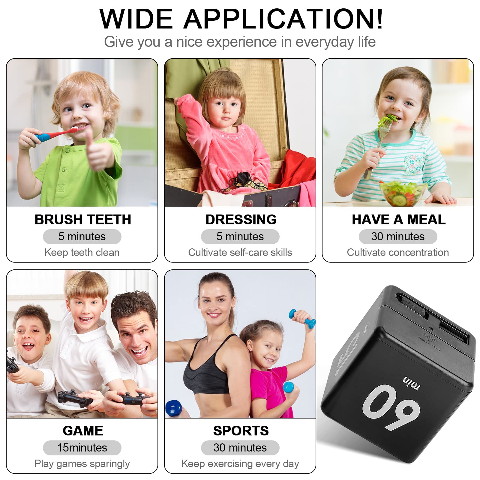 Weewooday Cube Timer Block - ADHD Focus Timer with Gravity Sensor for Productivity, Workouts & Learning - 15/20/30/60 Minute Countdown - 2.6 Inch Black Desk Timer for Kitchen, Office & Study Time Management
