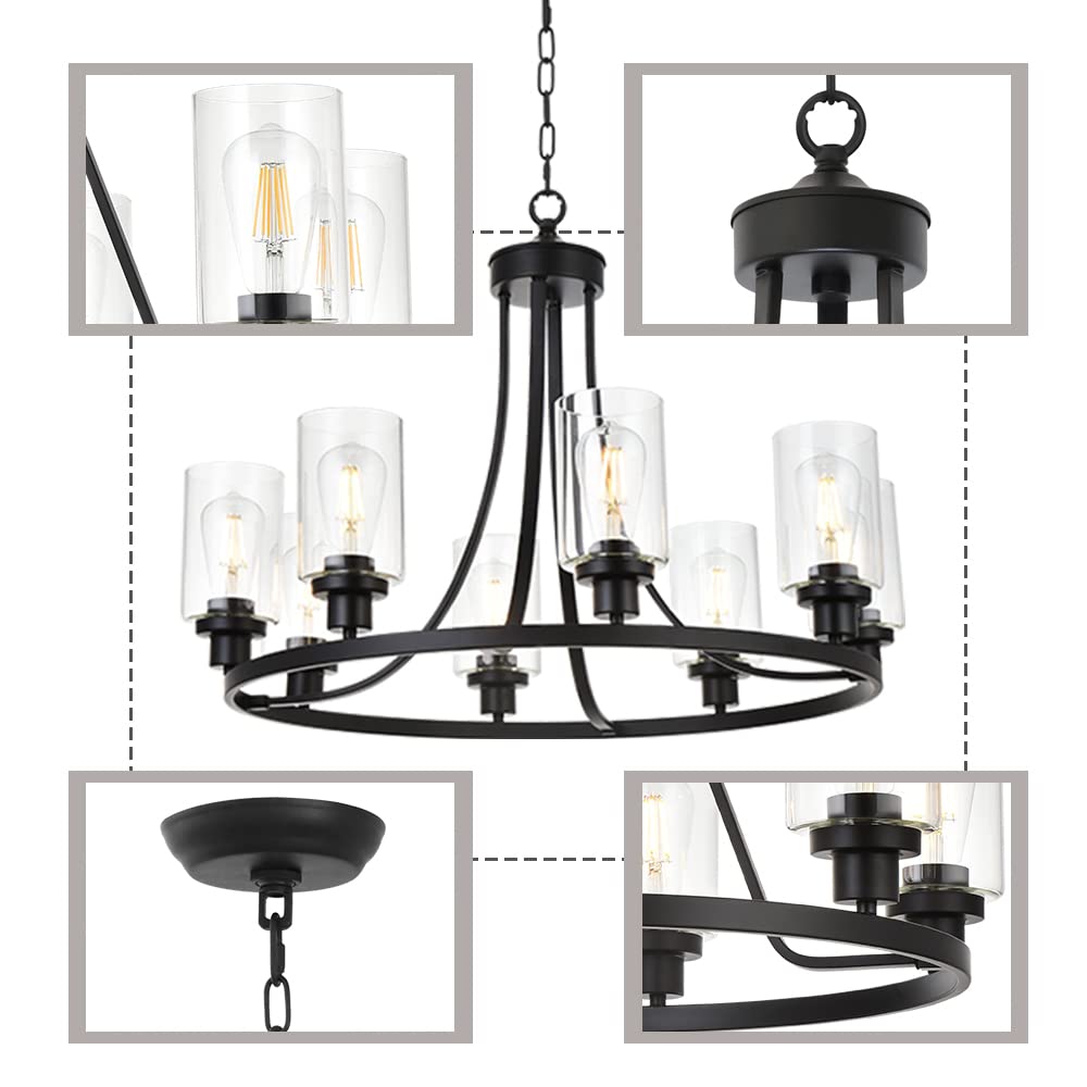 MELUCEE 8-Light Black Industrial Chandelier with Clear Glass Shades - Farmhouse Kitchen Island Pendant Lighting for Dining Room, Living Room, Bedroom | Perfect for Rustic Home Decor & Open Concept Spaces