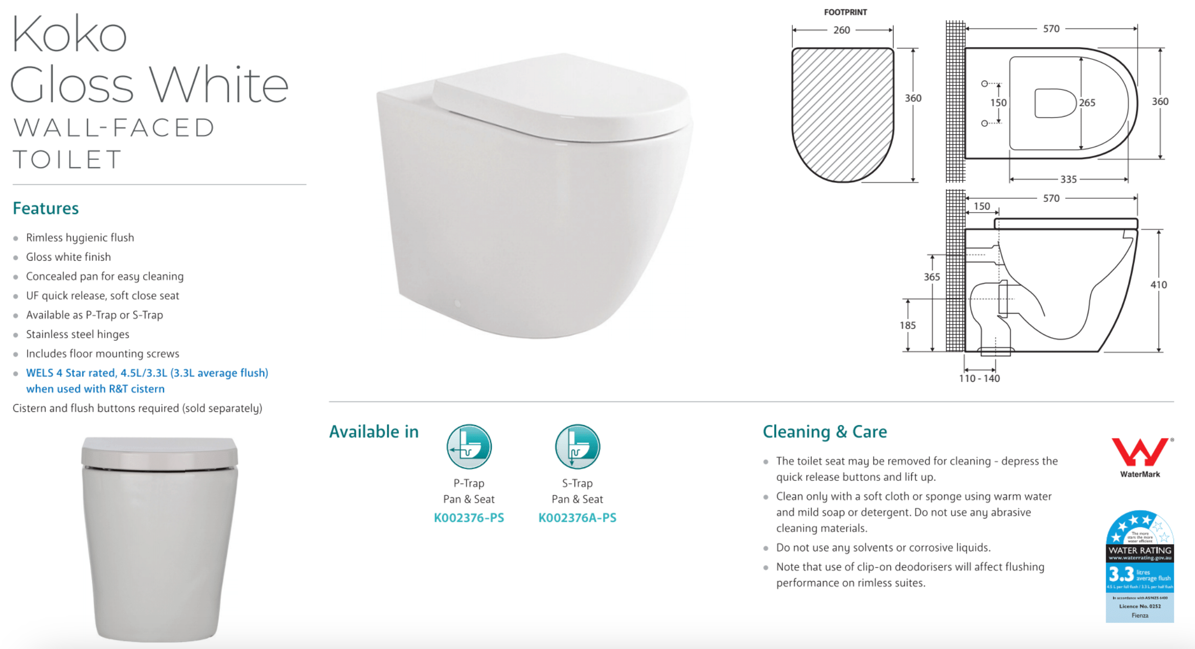Fienza K002376 PS Koko Gloss White Wall-Mounted Toilet Suite - Modern Bathroom Fixture for Small Space & Contemporary Home Design