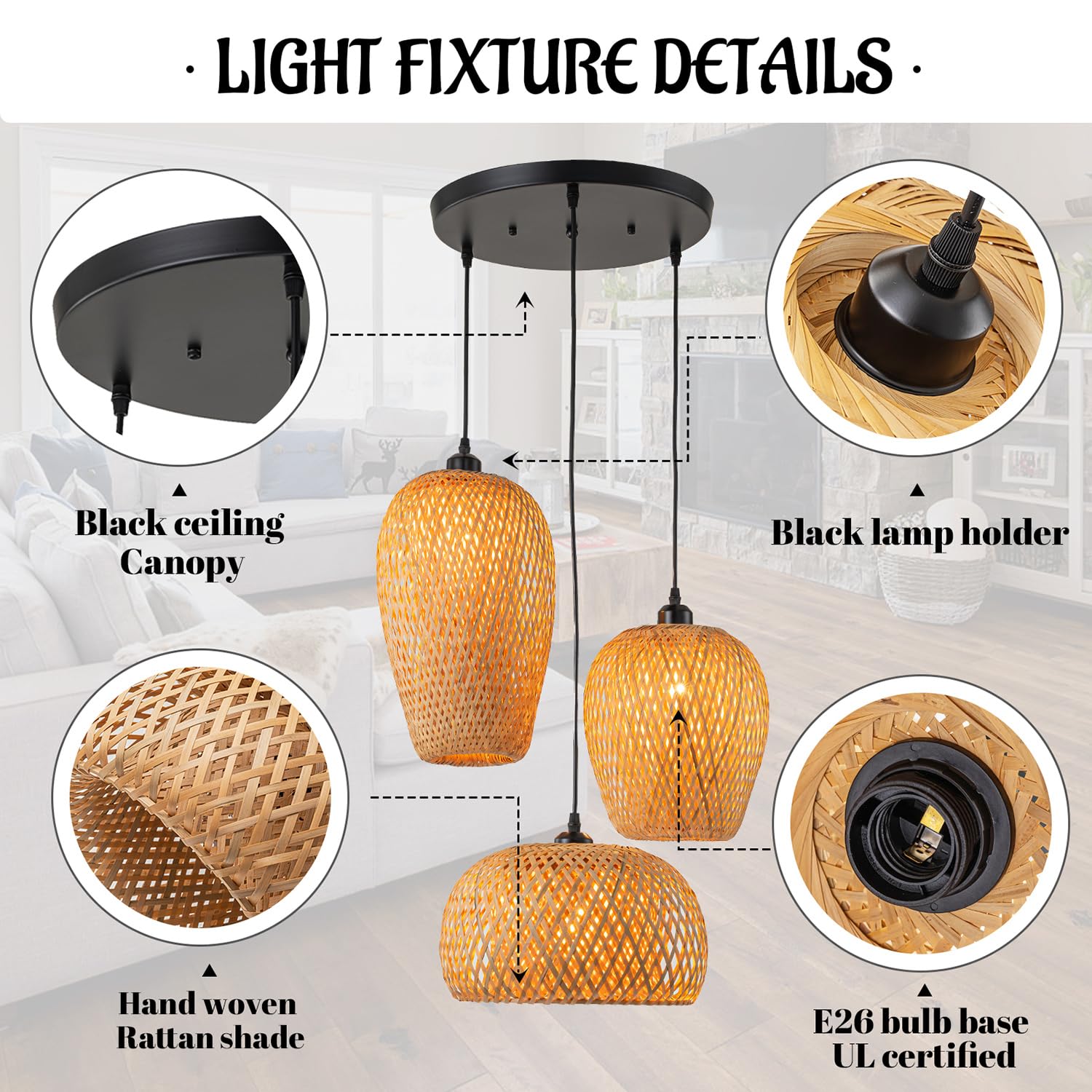 Boho Rattan Pendant Light Fixture - 3-Light Woven Bamboo Chandelier with Wicker Shade for Dining Room, Living Room & Kitchen | Natural Woven Basket Ceiling Light for Farmhouse, Beach House & Boho Decor