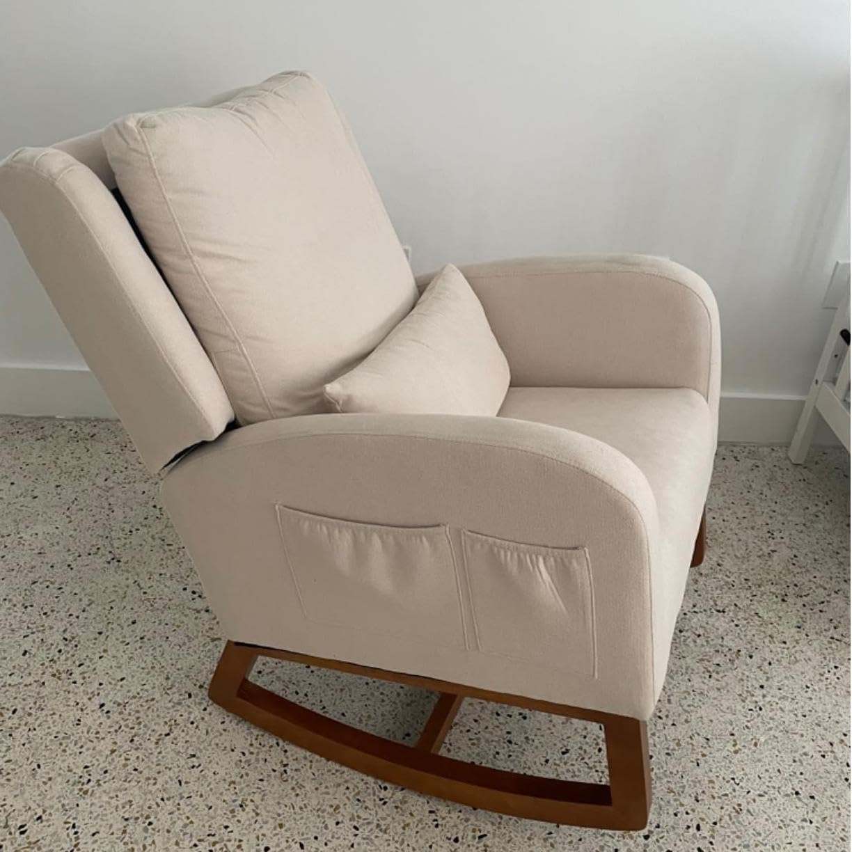 DAGONHIL Nursery Glider Rocking Chair - High Back Upholstered Armchair with Side Pocket & Pillow, Solid Rubber Wood Legs, Soft Flannel Fabric - Perfect for Nursery, Living Room & Bedroom (Beige) | Comfortable Seating for Breastfeeding, Reading & Relaxing