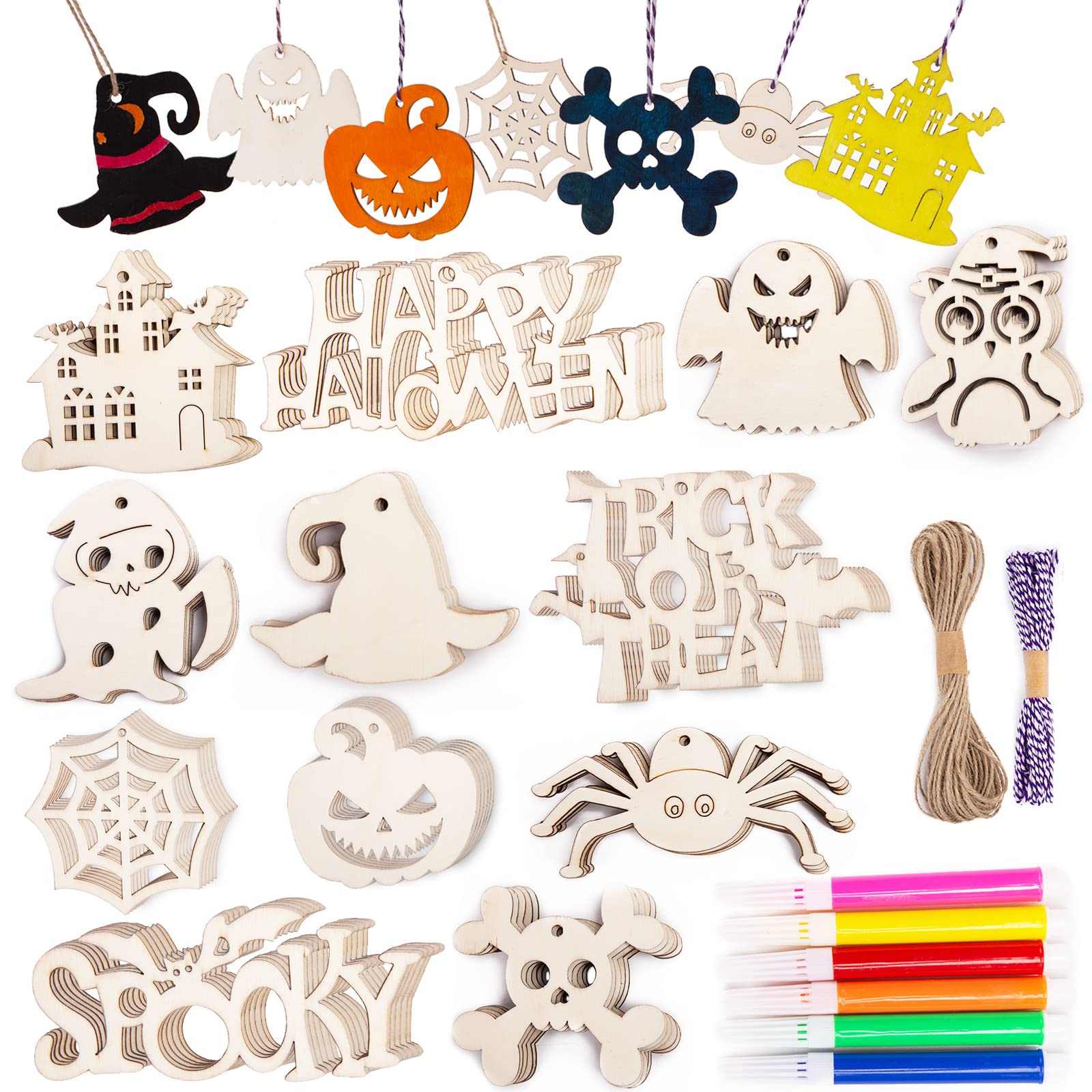 72PCS Unfinished Halloween Wood Ornaments - DIY Wood Cutouts for Hanging Decorations, Gifts & Crafts | Perfect for Halloween Party Decor, Home Decoration, and Seasonal DIY Projects