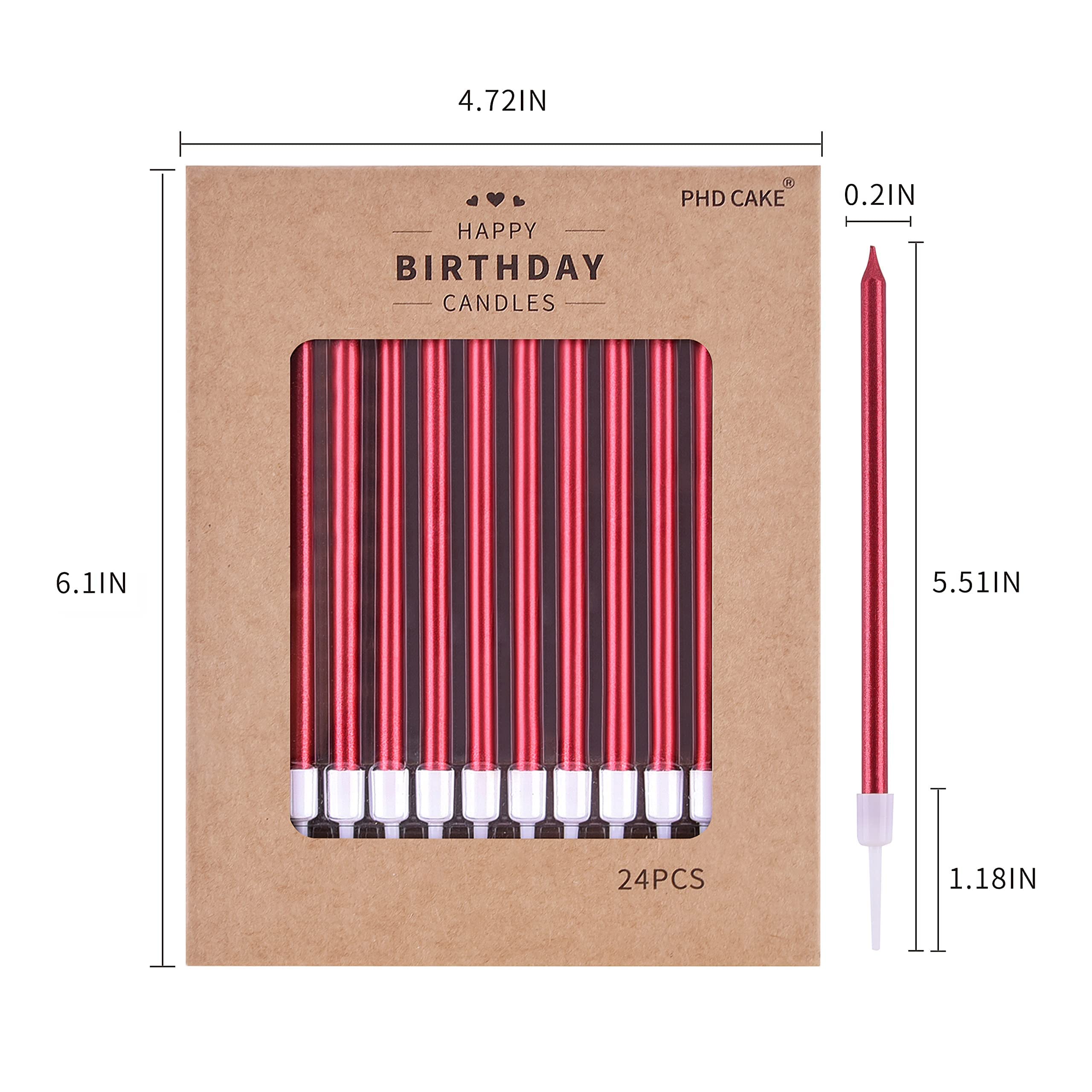 PHD CAKE Red Long Thin Metallic Birthday Candles - Elegant Cake Candles for Birthday Parties, Wedding Decorations & Special Events - Perfect for Cakes, Cupcakes & Dessert Displays