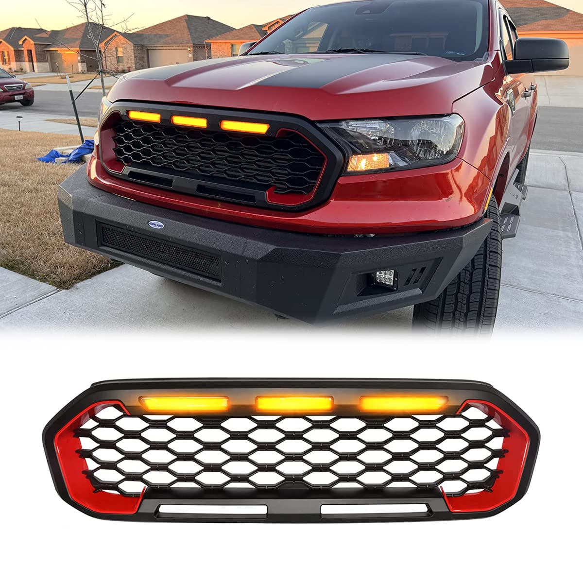 CZJUNBAI Matte Black Front Grille with LED Lights (Red Decor) - Compatible with Ford Ranger 2019 2022 Models | Off-Road Upgrade & Street Style Enhancement