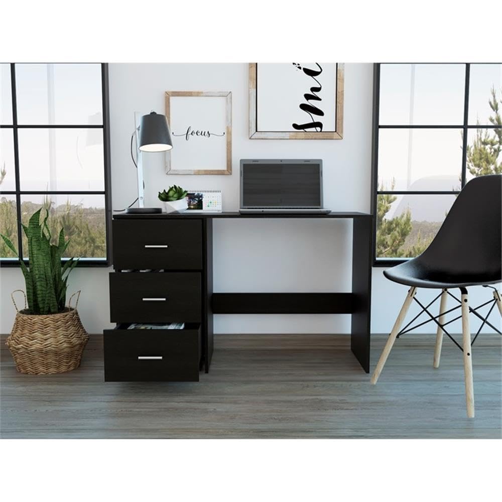 TUHOME Classic Black Computer Desk with 3 Drawers - Sturdy Home Office Desk for Study, Work & Gaming
