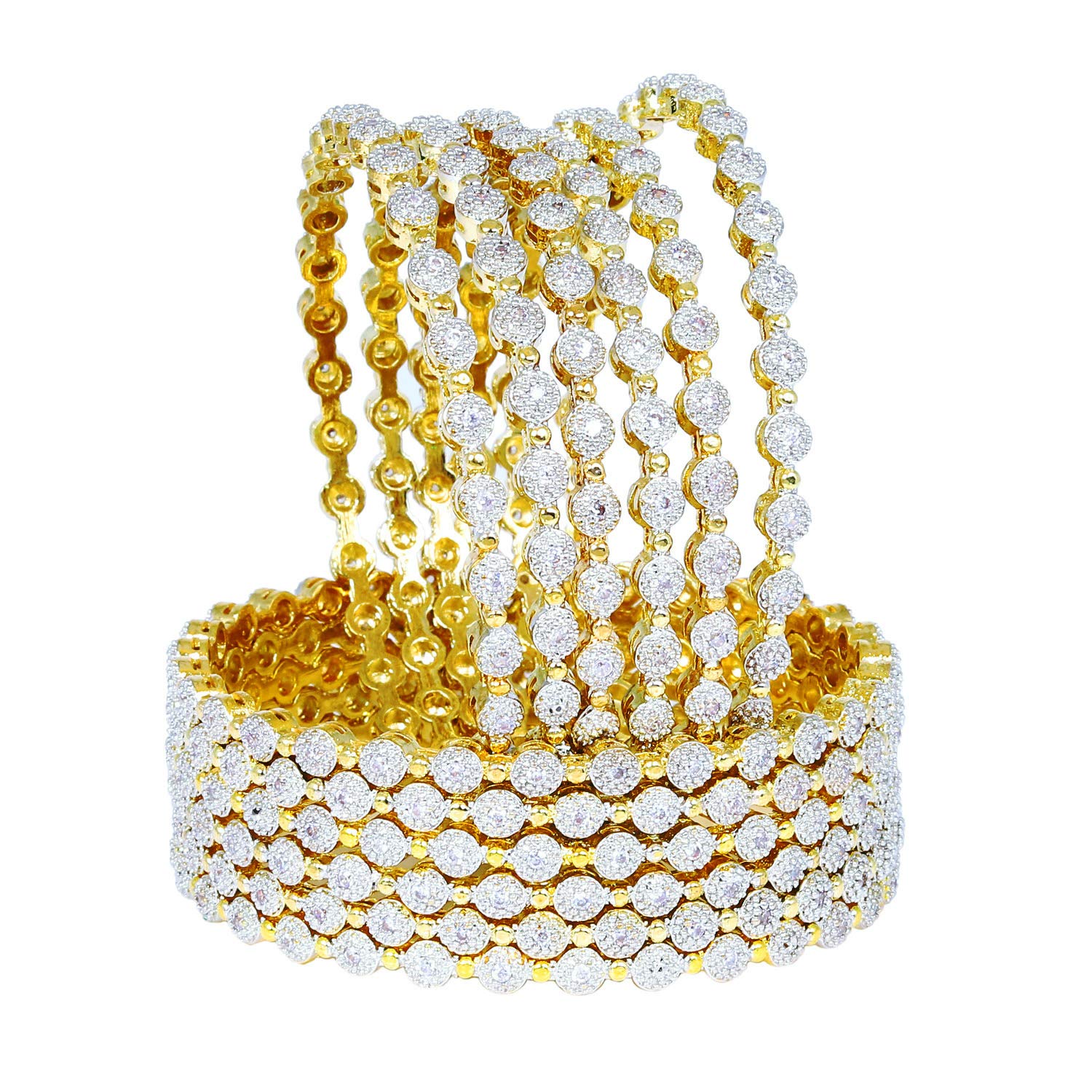 12 Pcs Gold Plated American Diamond Zircon Bangle Bracelets Set for Women - Traditional Indian Bollywood Wedding Jewelry, Bridal Fashion Accessories for Parties & Special Occasions