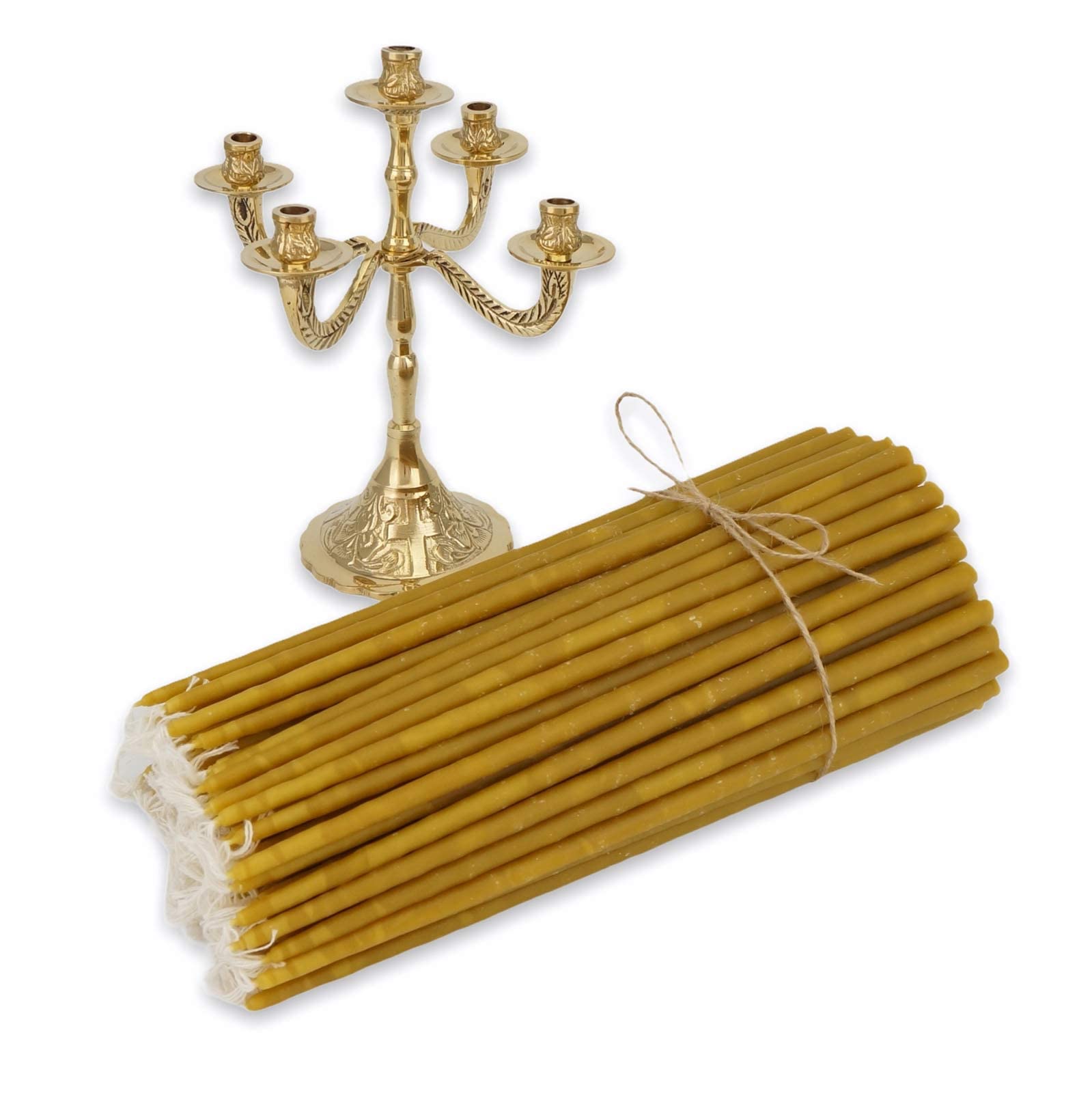 Traditional Orthodox Brass Candelabra with 5 Arms - Includes 100 Pure Beeswax Candles for Prayer Corner, Home Altar & Church Decor | Religious Candle Holder for Orthodox Christian Worship, Meditation & Spiritual Spaces