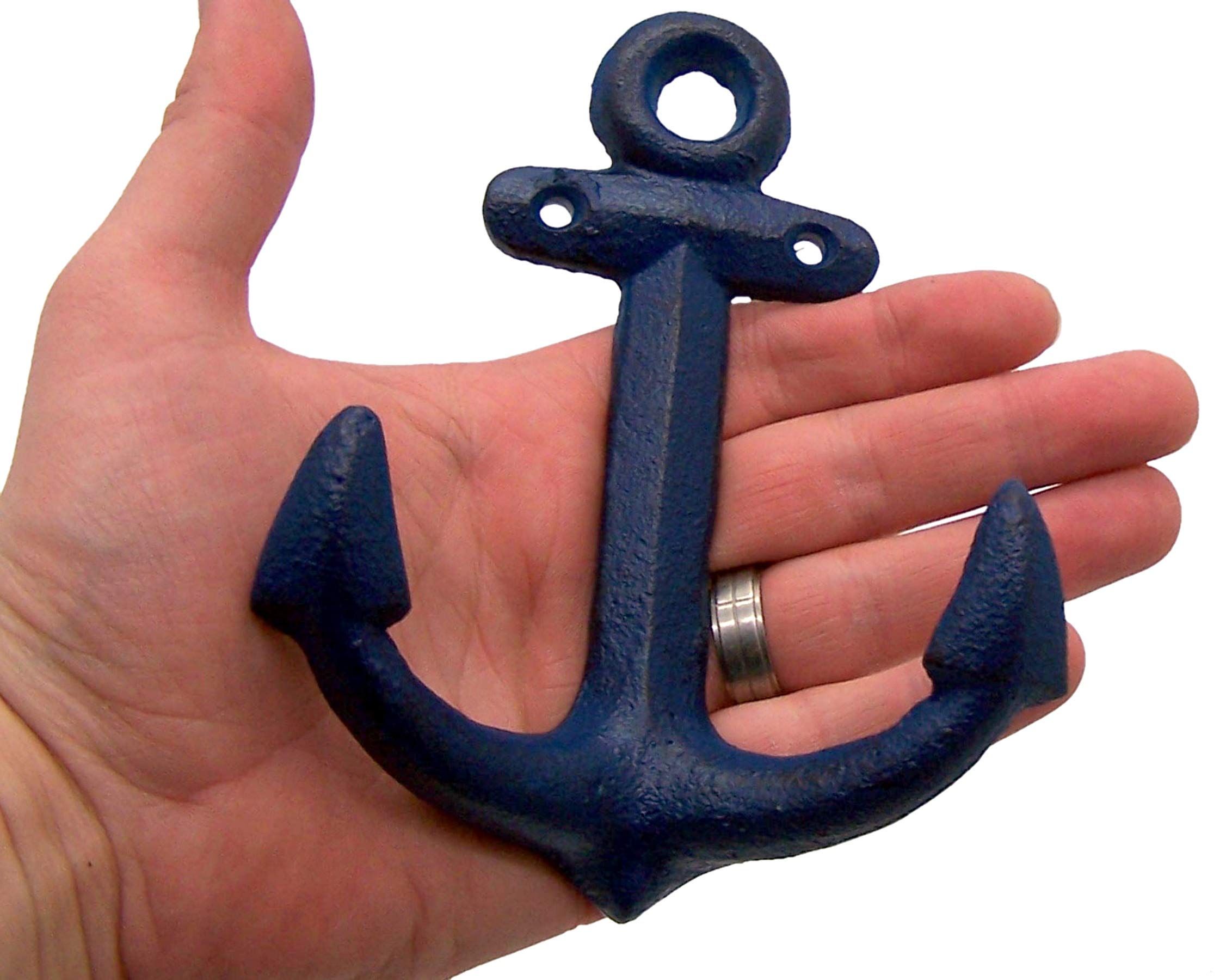 Wowser Nautical Cast Iron Ship Anchor Wall Hooks - 6 Inch Set of 3 (Blue) - Perfect for Beach House Decor, Coastal Theme Bedroom & Bathroom Organization