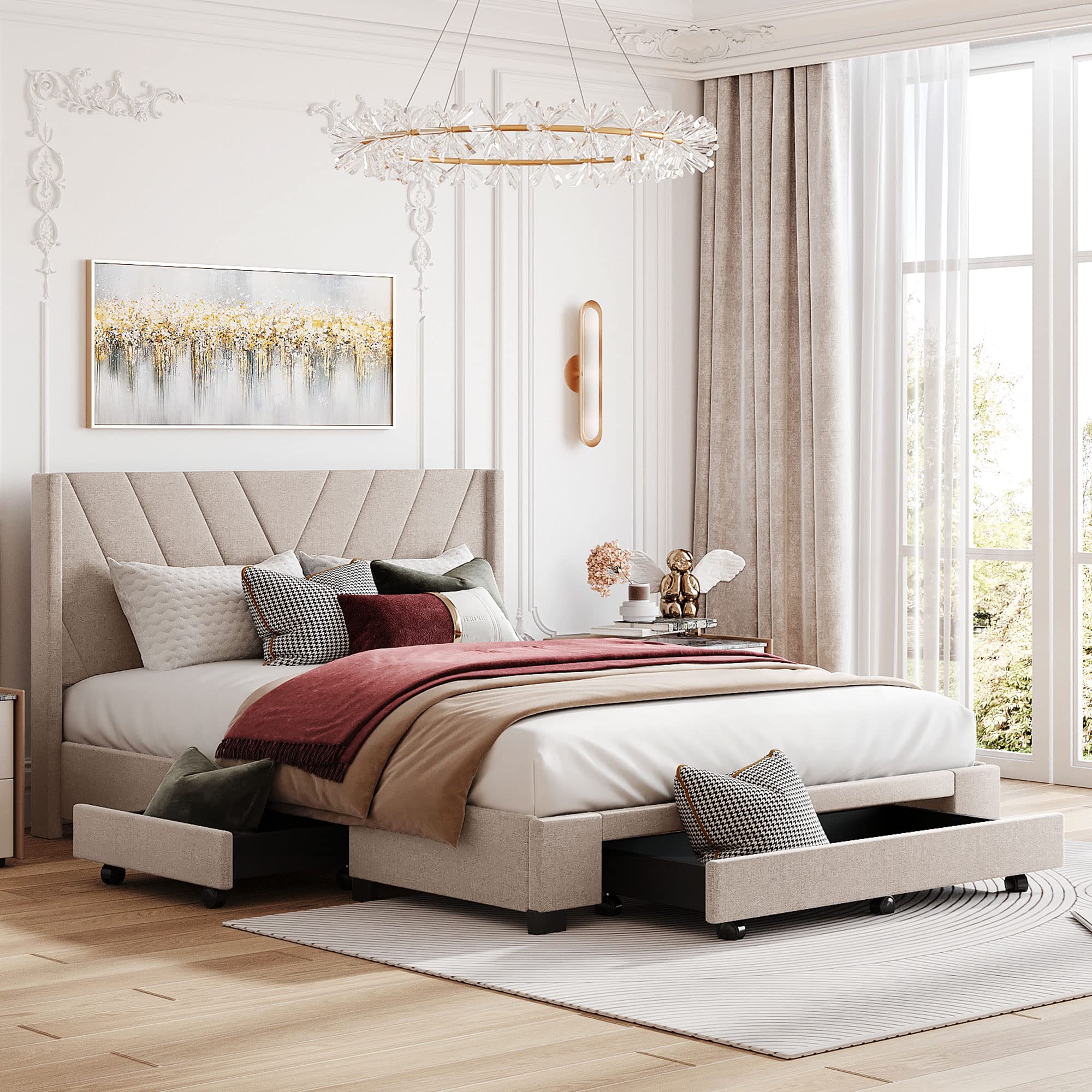 Merax Queen Size Linen Upholstered Platform Bed with 3 Storage Drawers & Headboard - No Box Spring Needed, Beige Modern Bed Frame for Small Space Bedroom, Guest Room & Apartment