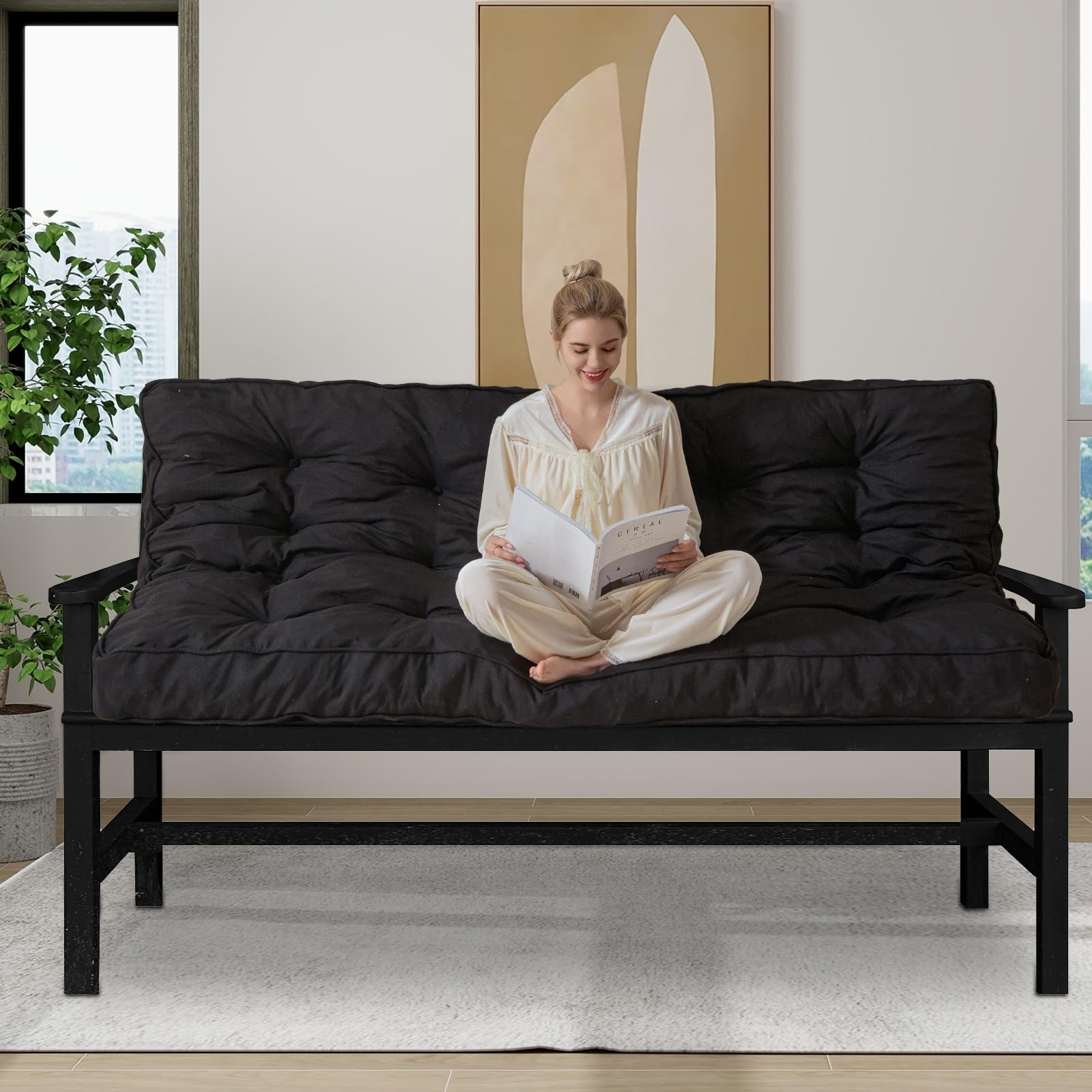 MAXYOYO 6-Inch Thick Futon Mattress with Shredded Foam Filling - Medium Firm Support for Sofa Bed & Couch (Black) | Perfect for Guest Rooms, Small Apartments & Dorm Rooms