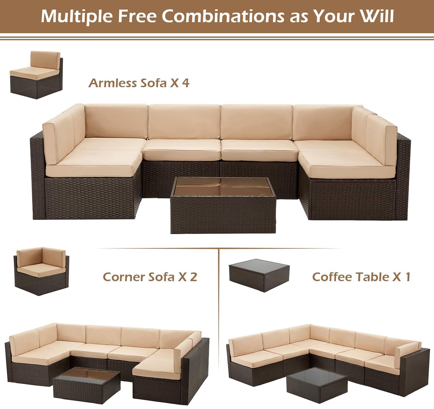 U-MAX 7-Piece Outdoor Patio Furniture Set - PE Rattan Wicker Sofa Sectional with Cushions & Coffee Table - Brown - Perfect for Garden, Backyard, Poolside & Balcony Relaxation