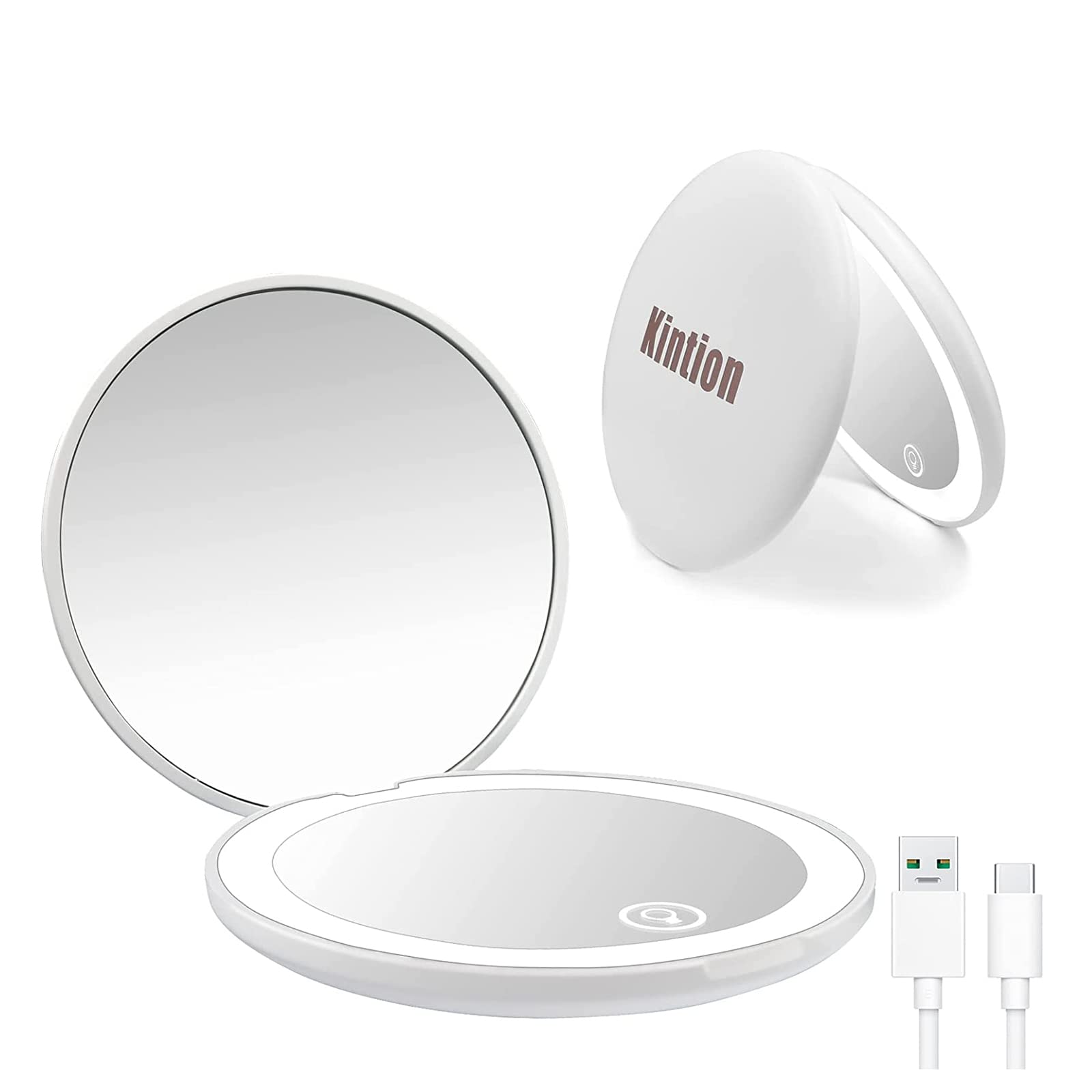 Kintion Rechargeable LED Compact Mirror with Light - 1X/10X Magnification, 2-Sided Folding Travel Makeup Mirror, Portable Pocket Mirror for Women, Perfect Gift (White) | Ideal for Travel, Home, Office & On-the-Go Touch Ups