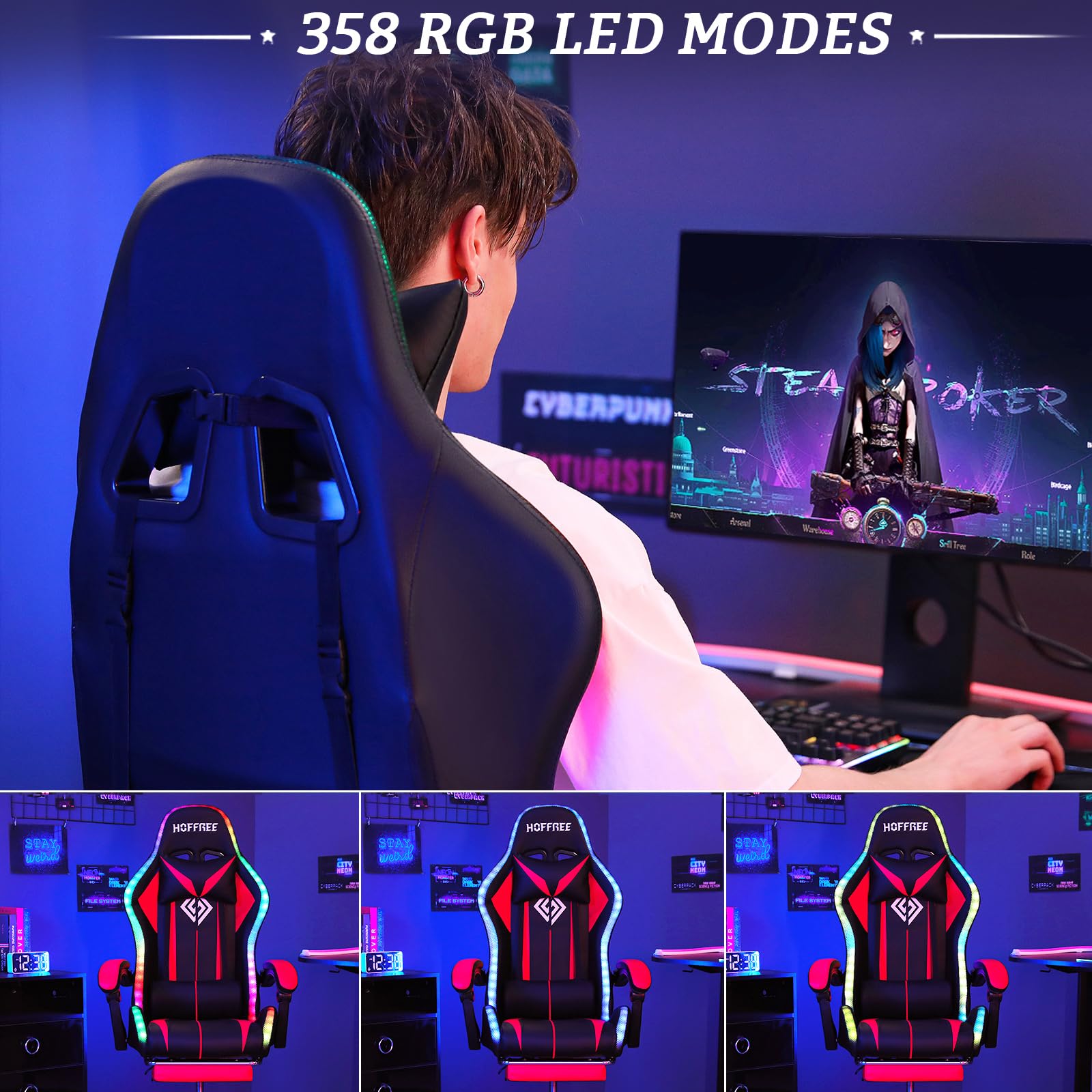 Ergonomic Gaming Chair with Massage, RGB LED Lights & Adjustable Footrest - High Back Computer Chair with Lumbar Support (Red/Black) for Esports, Streaming & Office Work