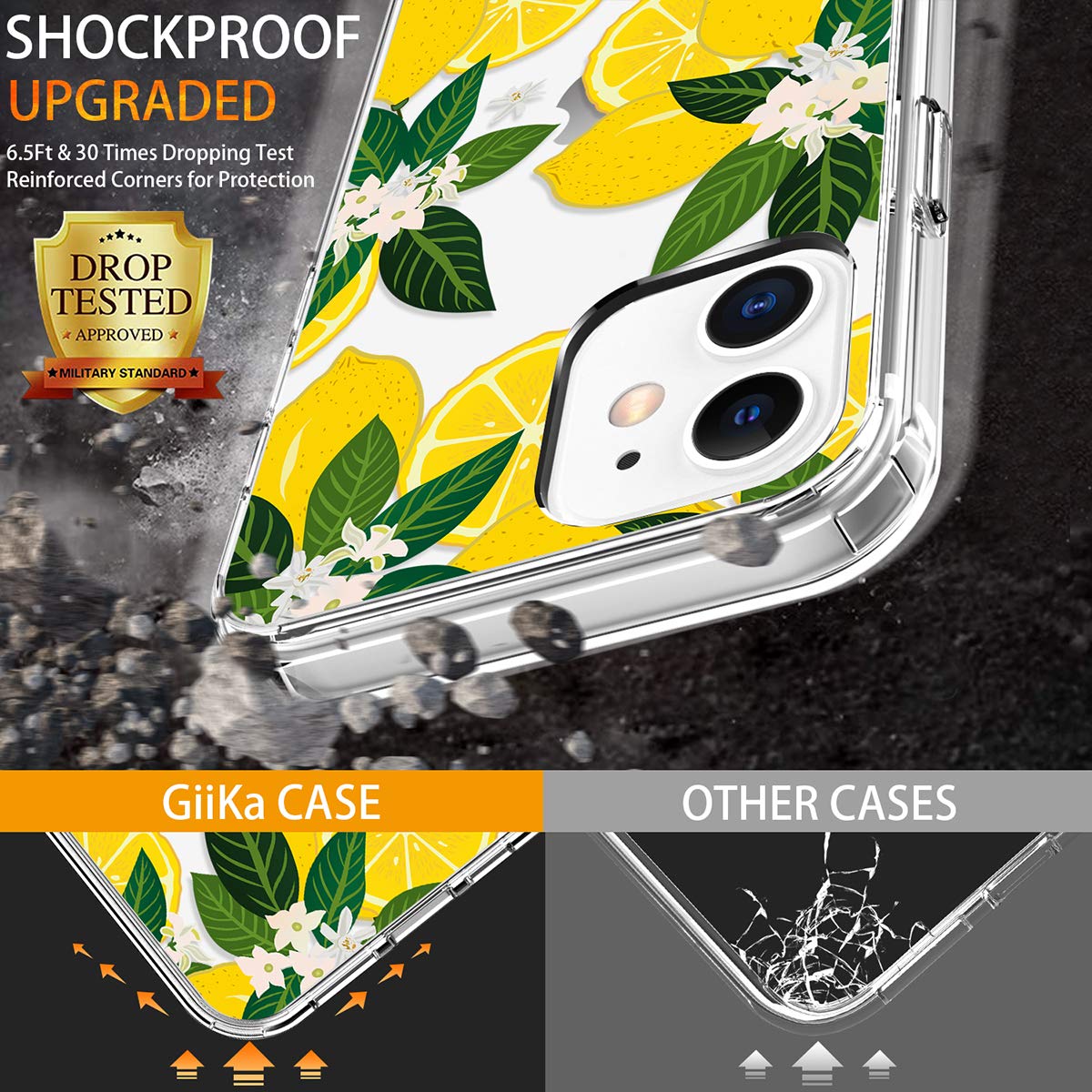 GiiKa Clear Shockproof iPhone 12/12 Pro Case with TPU Bumper - Floral Design Hard Protective Phone Cover for Women (Yellow Lemons) | Perfect for Everyday Use, Work & Travel Protection