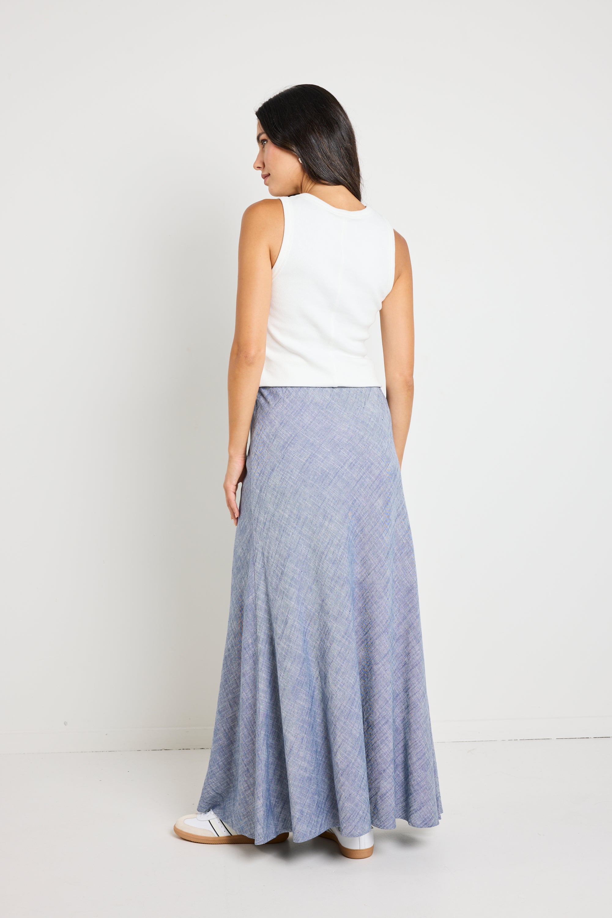 Lagos Chambray Blue Linen Blend Bias Cut Maxi Skirt - Women's Summer Beach Dressy Casual Skirt for Vacation, Date Night & Outdoor Events