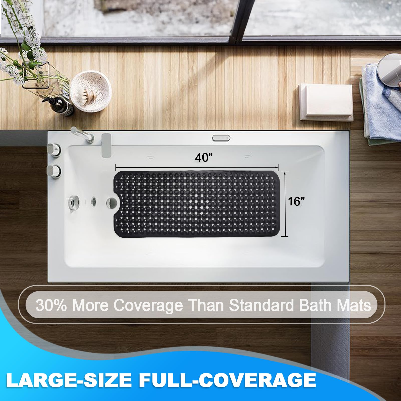 Non-Slip Bath Mat 40x16 Inch Extra Large - Soft Bathtub & Shower Mat with Strong Suction Cups & Drain Holes | Machine Washable Black Bathroom Floor Mat for Safety & Hygiene | Perfect for Kids, Elderly & Wet Areas