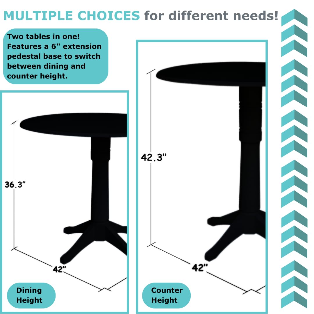 IC International Concepts Round Top Pedestal Dining Table - 36 Inch Bar Height - Solid Hickory Wood with Washed Coal Finish - Perfect for Kitchen, Breakfast Nook & Small Space Dining