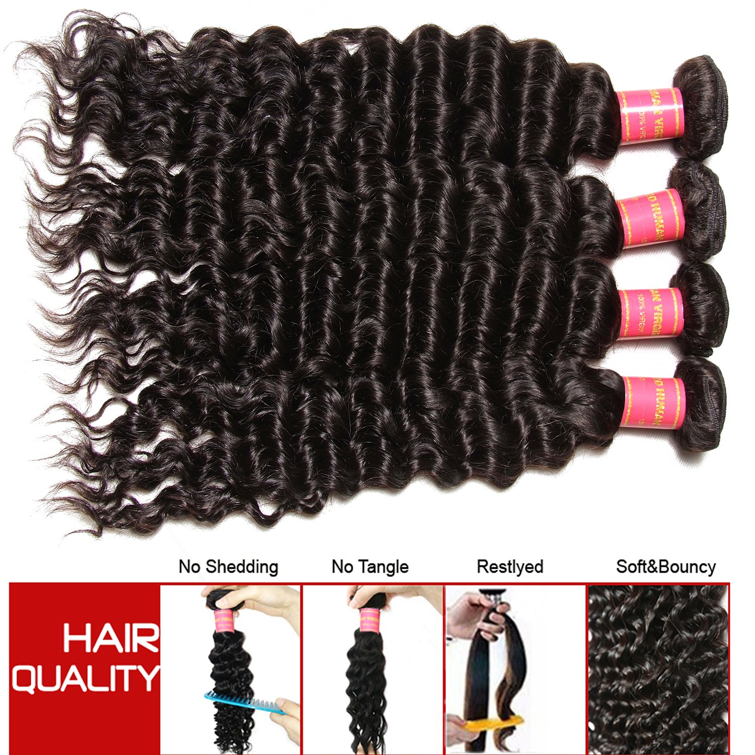 Klaiyi 10A Brazilian Virgin Hair Weave - Deep Curly Human Hair Extensions (3 Bundles) - Unprocessed Natural Color 20/22/24 Inch - 95-100g per Bundle for Stunning Volume & Length | Perfect for Daily Wear, Parties & Special Occasions