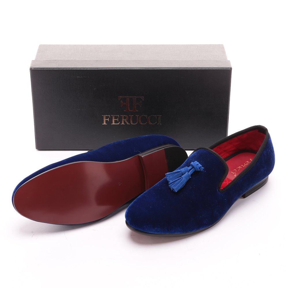 FERUCCI Handmade Men's Blue Velvet Loafers with Tassel - Comfortable House Slippers & Casual Shoes for Indoor/Outdoor Wear
