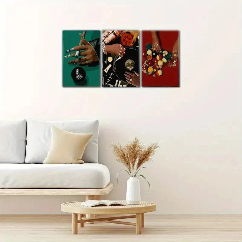 3-Piece 8 Ball Snooker Art Set - Black Girl Fashion Metal Wall Prints - Ready to Hang Decor for Game Room, Bar, or Man Cave