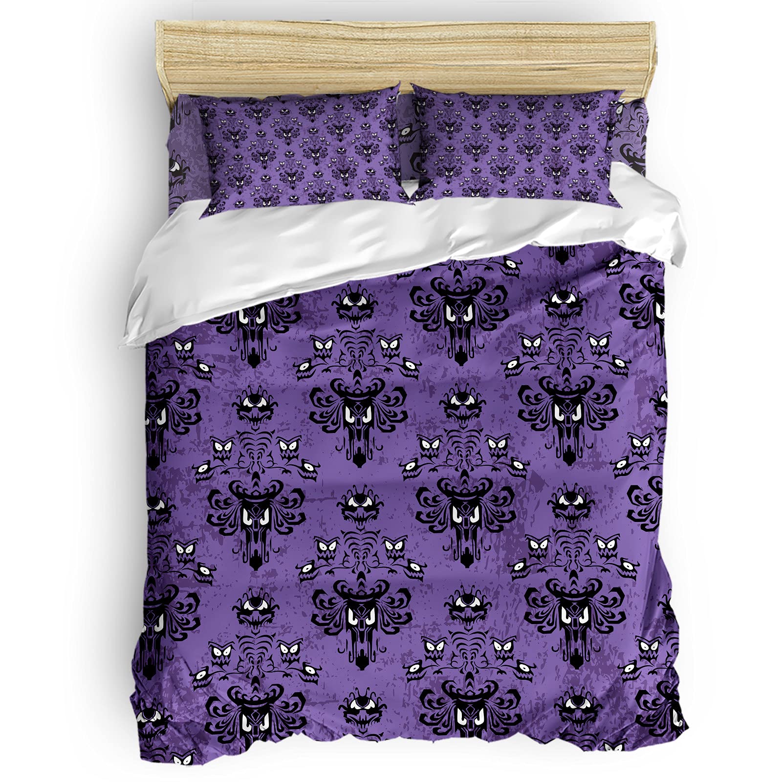 Halloween Haunted Mansion Duvet Cover Set California King Size - 4-Piece Purple Black Bedding Set with Comforter Cover, Flat Sheet & 2 Pillowcases for Kids, Teens & Adults | Spooky Bedroom Decor for Halloween Parties & Themed Rooms