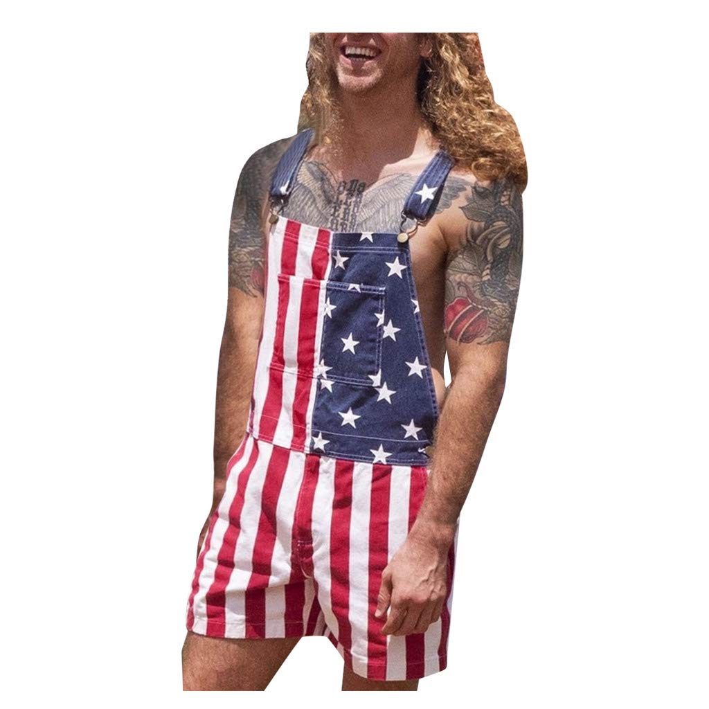 American Flag Denim Overalls Bib Shorts - Adjustable Strap Romper Jumpsuit for Men & Women | Casual Summer Workwear & Patriotic Outfit