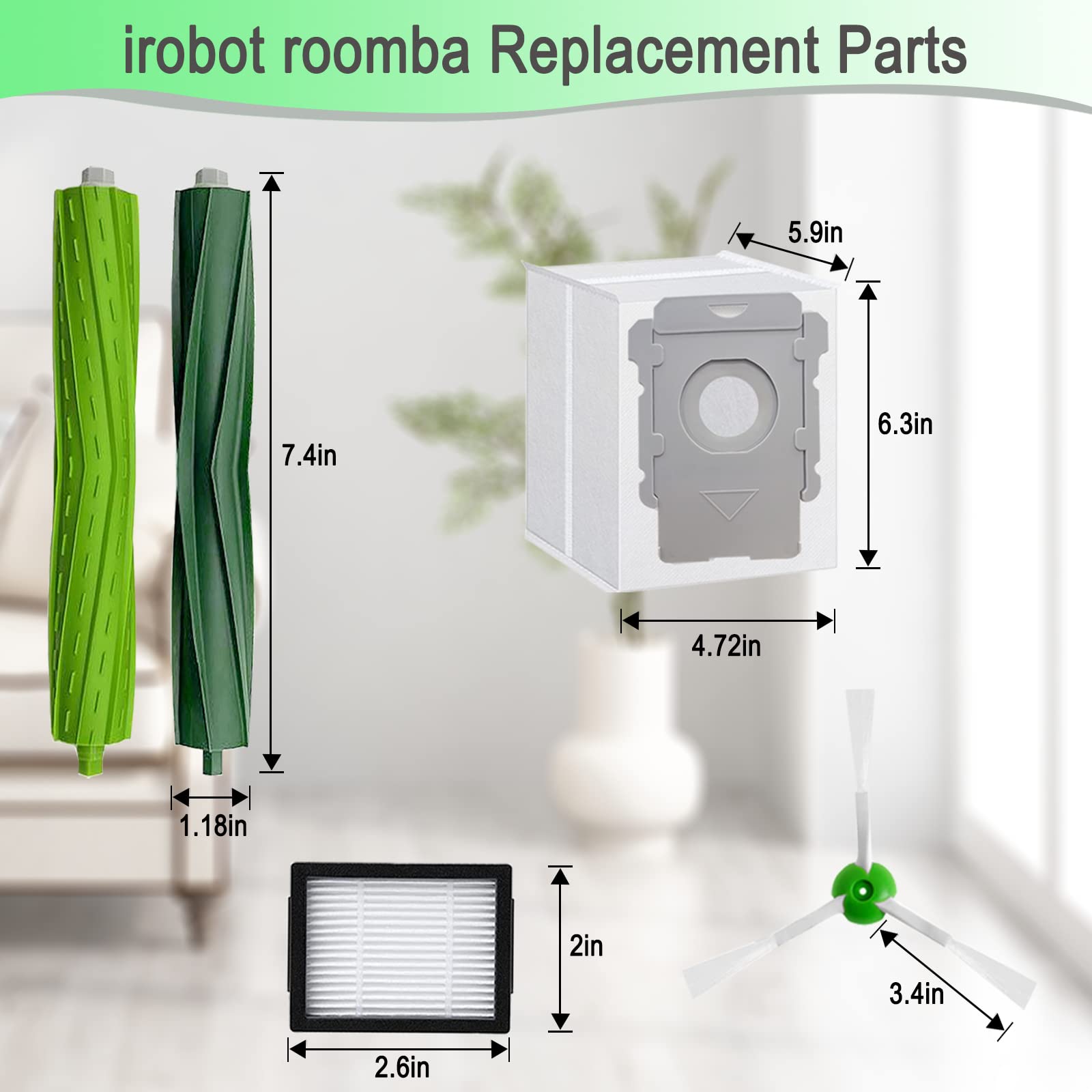 26 Pack Replacement Parts for iRobot Roomba i3 i3+ i4 i6 i6+ i7 i7+ E5 E6 E7 j7 I & E j Series - 2 Rubber Brushes, 8 Filters, 8 Side Brushes, 8 Bags - Compatible with Roomba Robot Vacuum Cleaners - Perfect for Home Cleaning & Maintenance