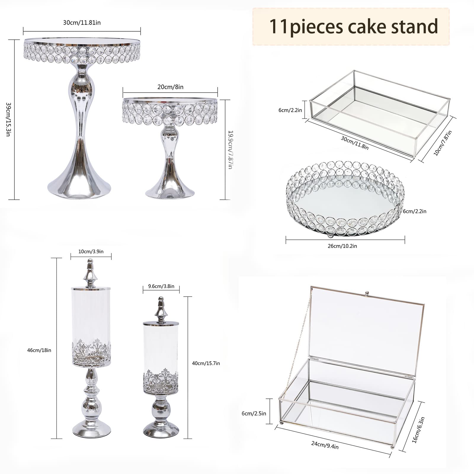 11-Piece Silver Crystal Wedding Cake Stand Set - Elegant Crystal Plated Dessert Display Tower for Wedding, Birthday, Party | Perfect for Cakes, Cupcakes, Cheese & Dessert Presentation