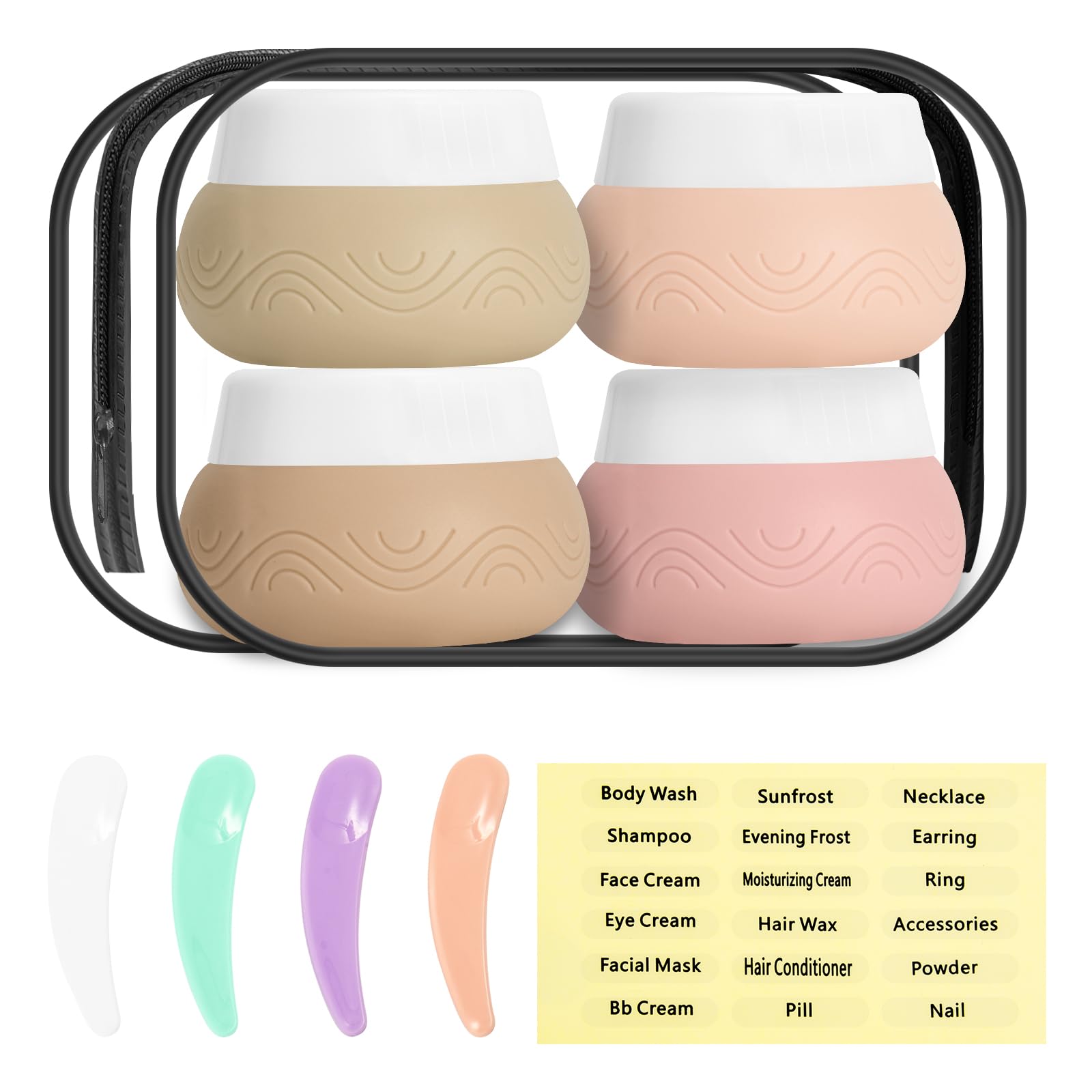 30ml/1oz Silicone Travel Jars with Clear Bag, Labels & Spoon - Leakproof Cosmetic Containers for Creams, Face, Hand & Body Care - Perfect for Toiletries, Makeup & Skincare Products (Pink) - Ideal for Air Travel, Gym Bag & Daily Use