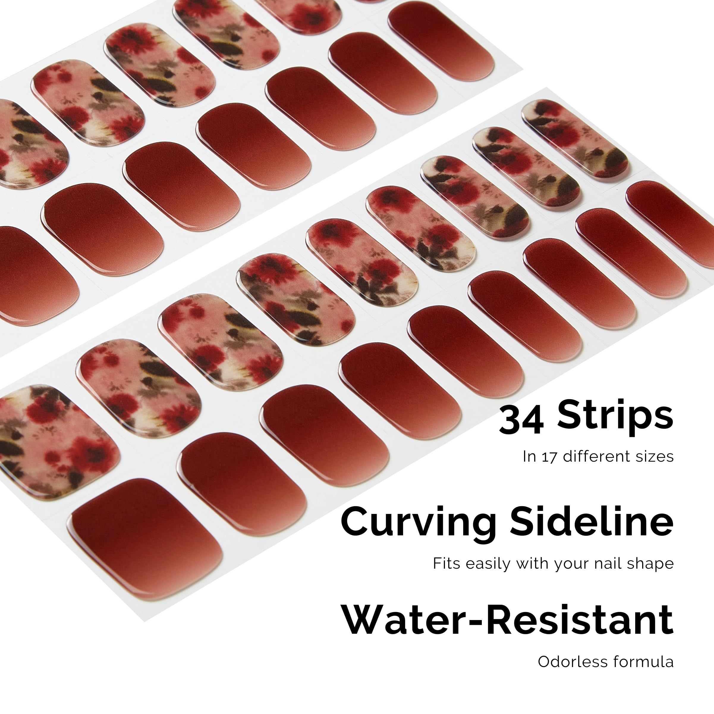 NAILOG 34 Pcs Semi Cured Gel Nail Strips Kit - Long Lasting Nail Wraps with Glossy Finish in Reddish Brown & Wildflowers | Includes UV Light (Buy 2 Get 1 Free) | Perfect for Salon Quality Manicures at Home, Parties & Special Occasions
