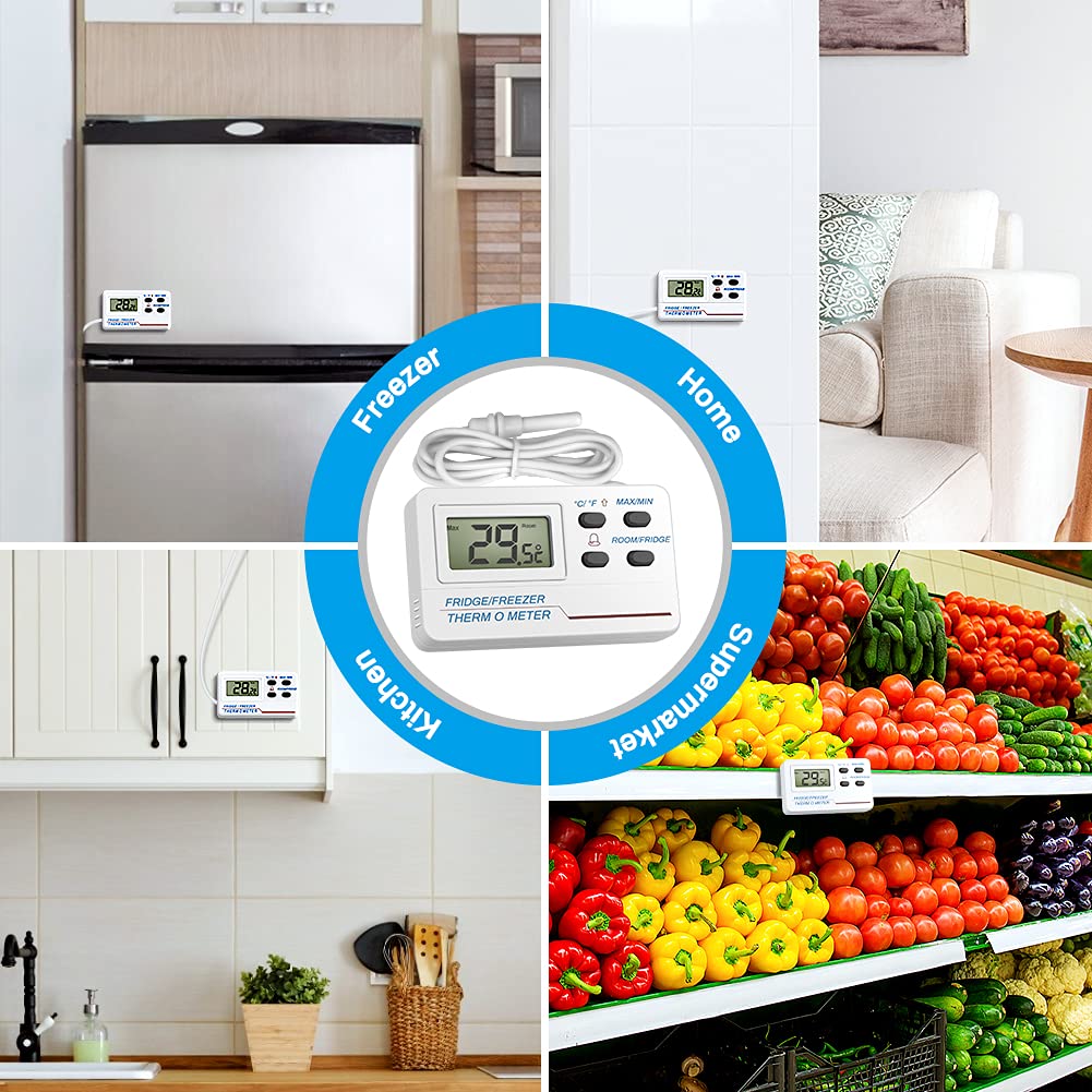 Welltop Digital Fridge Freezer Thermometer with Probe - Wireless Refrigerator Temperature Monitor with Max/Min Memory Alarm - Perfect for Home Kitchen, Bars, Cafes & Food Storage Safety