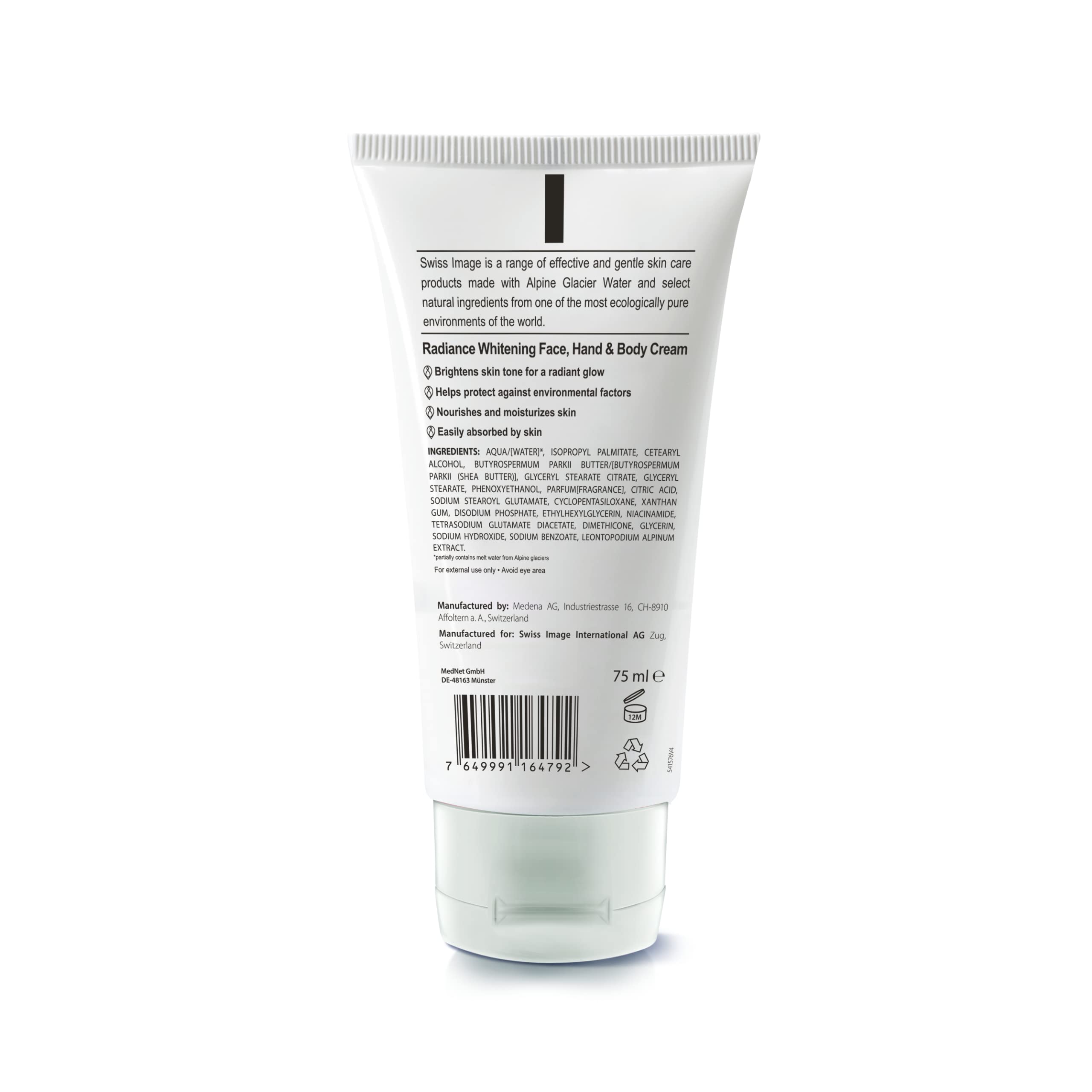 SWISSIMAGE Radiance Whitening Face, Hand & Body Cream - Natural & Effective Skin Brightening Moisturizer - Paraben-Free, No Mineral Oil or Phthalates - 75ml - Perfect for Daily Hydration & Glowing Skin Care Routine