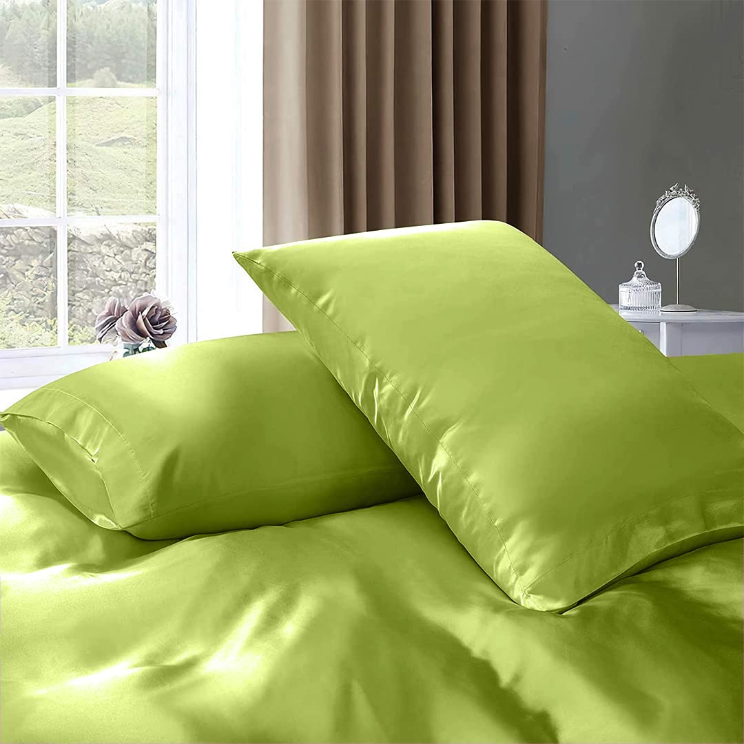 Luxury 7-Piece Silk Satin Bed Sheet Set - Full Size Cooling & Breathable Sheets with Deep Pockets - Wrinkle-Free Hotel Quality Duvet Cover - Sage Green Bedding for Ultimate Comfort - Perfect for Hot Sleepers & Luxury Bedroom Decor