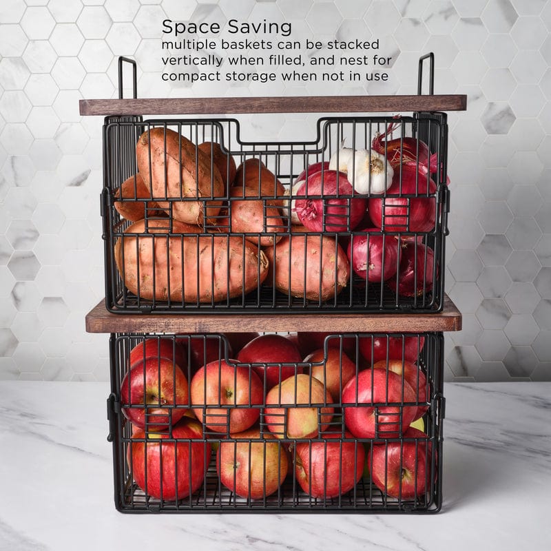Madam Grid Stacking & Nesting Basket with Mango Wood Lid - Organize Pantry, Bathroom, or Office Supplies - Stylish Storage Solution for Home Decor