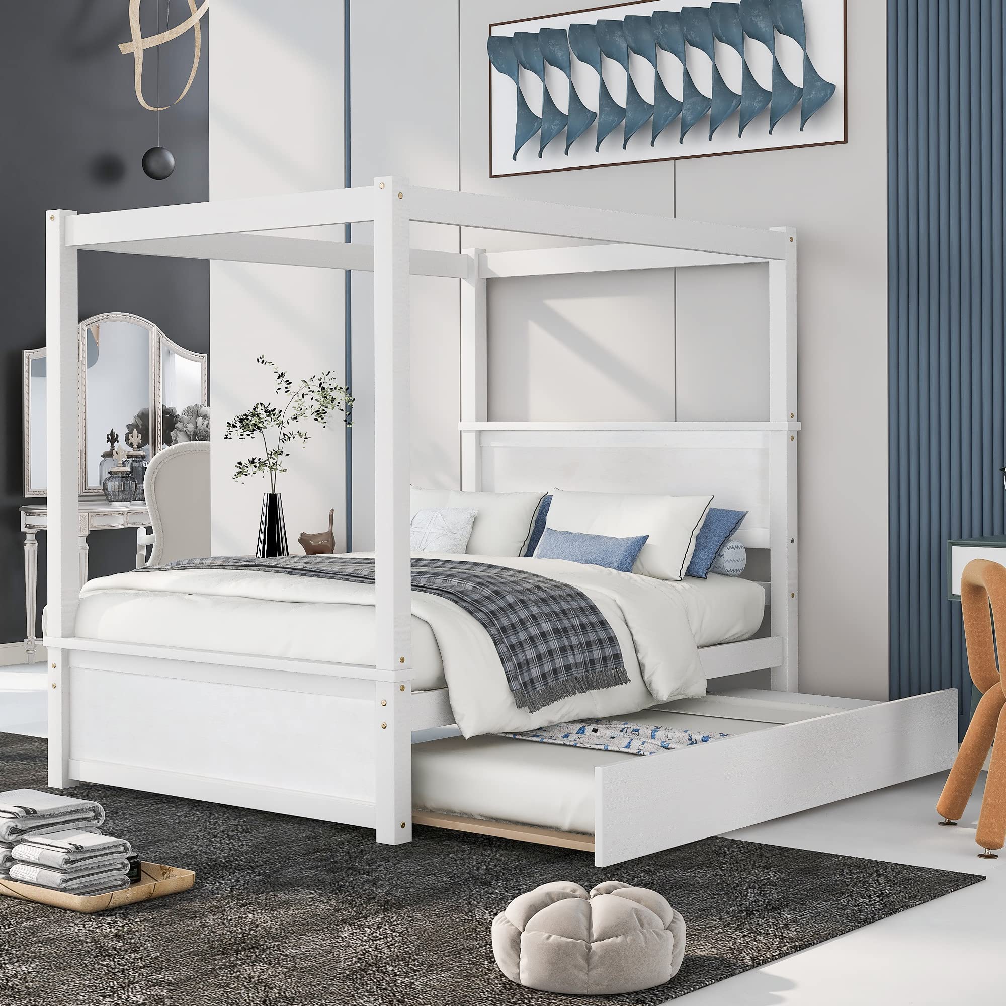 MERITLINE Full Size Canopy Bed with Trundle - Solid Wood Platform Bed Frame with Headboard & Footboard - Modern Slat Support Design for Kids, Teens & Adults - Perfect for Bedrooms, Guest Rooms & Dormitories (White)