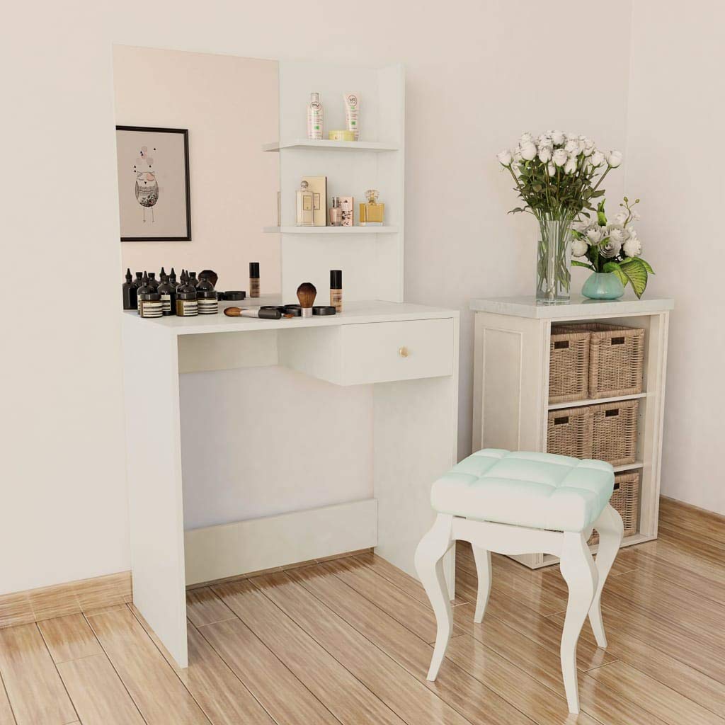 Vanity Set with Large Mirror, Spacious Drawer & Shelves - Small Writing Desk & Makeup Vanity Table for Adults & Students - Perfect for Bedroom, Dorm Room or Home Office - White