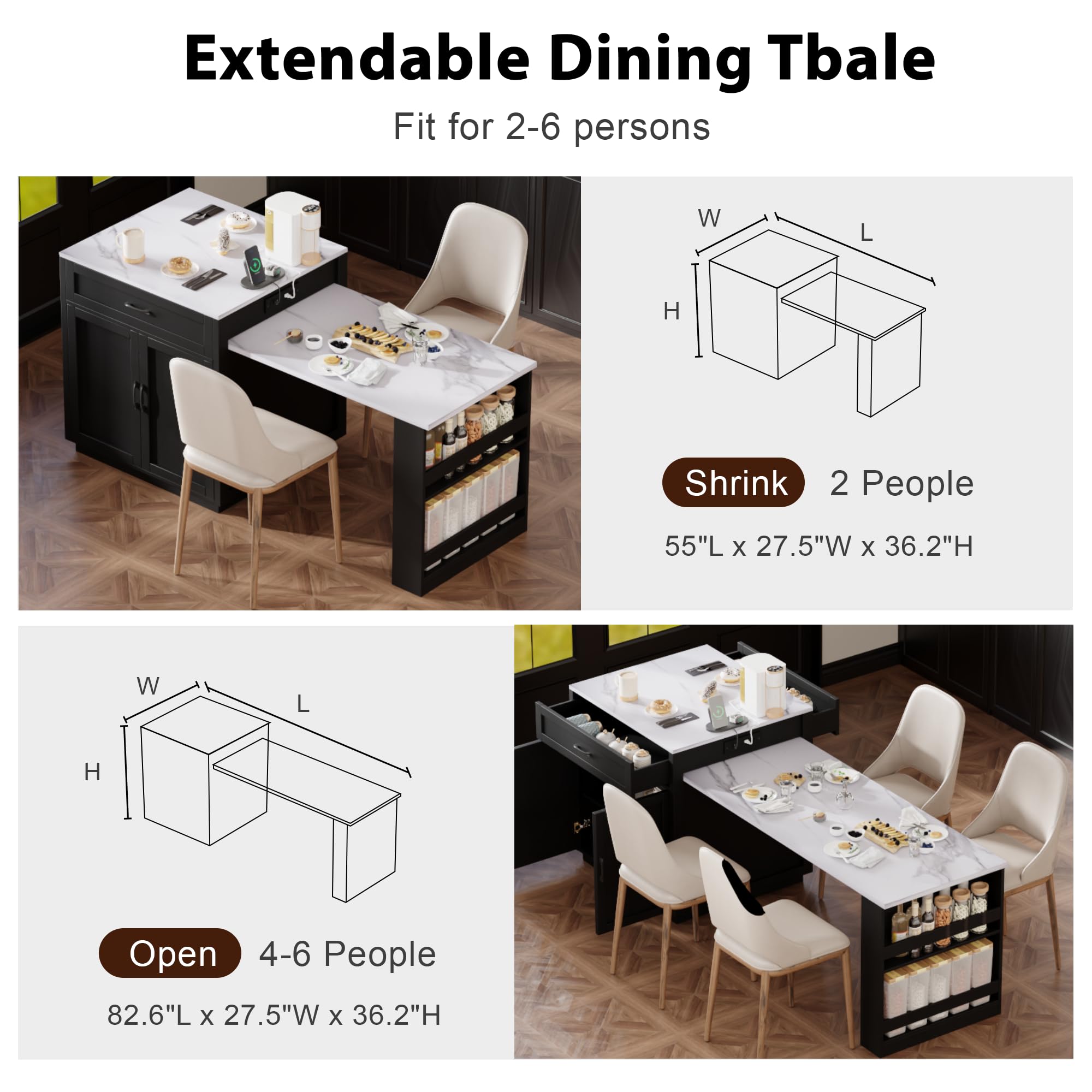 Expandable Kitchen Island with Dining Table for 4-6 People, Faux Marble Countertop with Double Storage, Power Outlet, 2 Drawers & 2 Open Shelves - Black | Perfect for Small Kitchens, Dining Areas & Home Entertaining