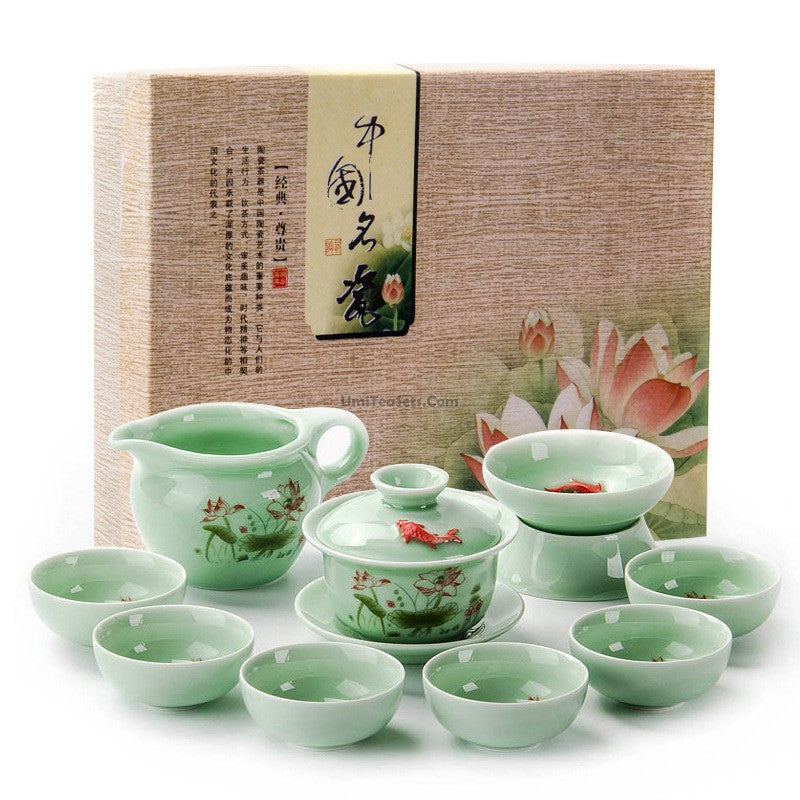 Premium Chinese Jade Porcelain Lotus Gaiwan Tea Set - Traditional Yixing Clay Teapot with Cups for Gongfu Tea Ceremony | Perfect for Home, Office & Zen Meditation Spaces