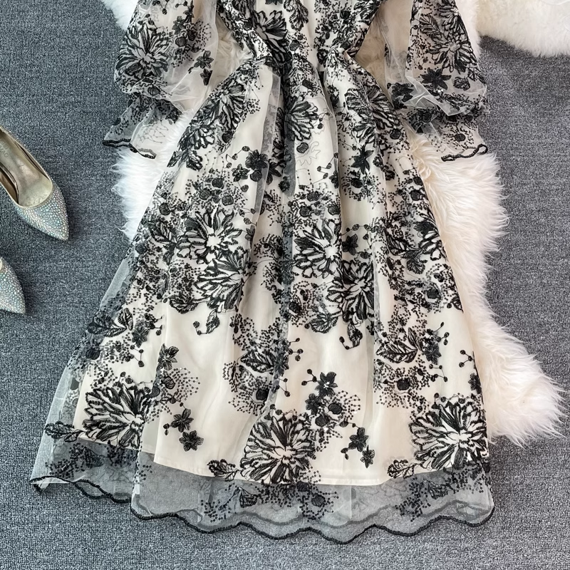 Elegant Embroidered Mesh Dress with Stand Collar - A-Line Long Skirt for Women | Perfect for Weddings, Parties & Formal Occasions