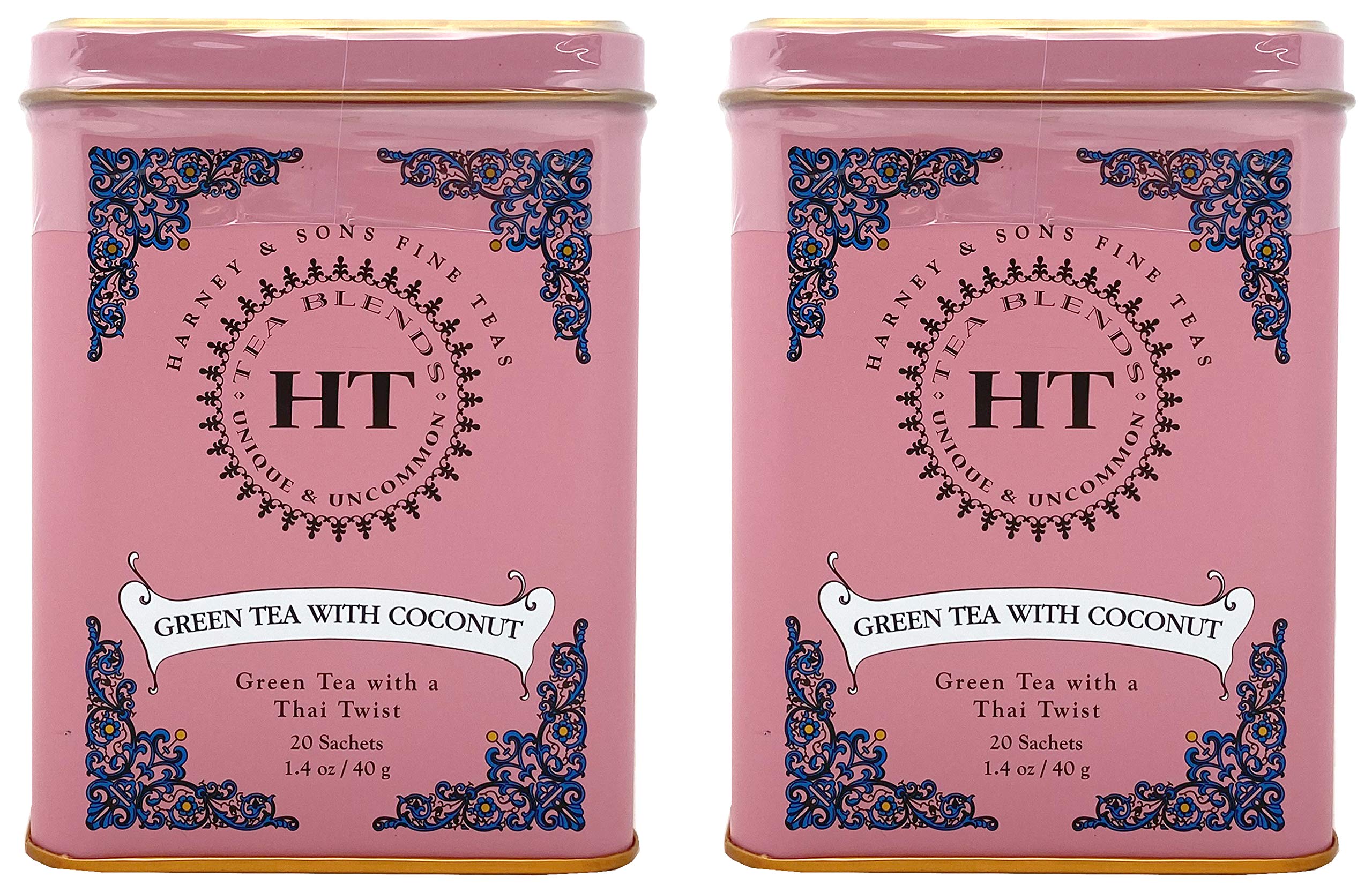 Harney & Sons Green Tea with Coconut, Ginger & Vanilla - Thai Inspired Flavor - 20 Sachets (Pack of 2) - Perfect for Relaxation, Afternoon Tea & Gifts