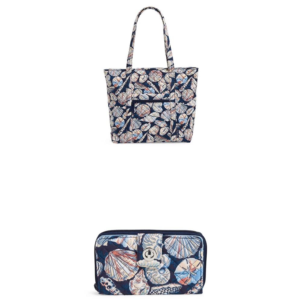 Vera Bradley Women's Cotton Vera Tote Handbag & RFID Protection Wallet Set - Morning Shells Pattern, Recycled Cotton, One Size US - Perfect for Work, Travel and Everyday Use
