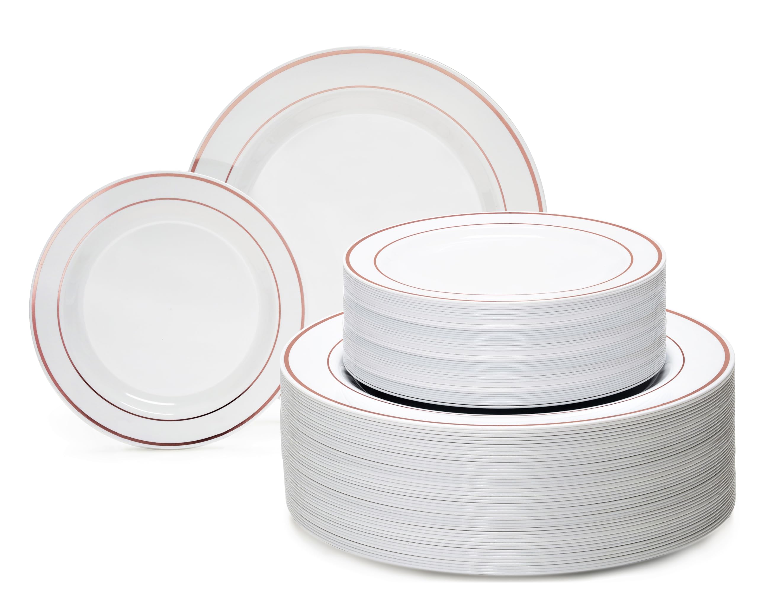 60-Pack Heavyweight Disposable Plastic Plates for Weddings & Parties - 10.5 Inch Elegant White & Rose Gold Dinner Plates - Perfect for Formal Events, Bridal Showers, and Anniversary Celebrations