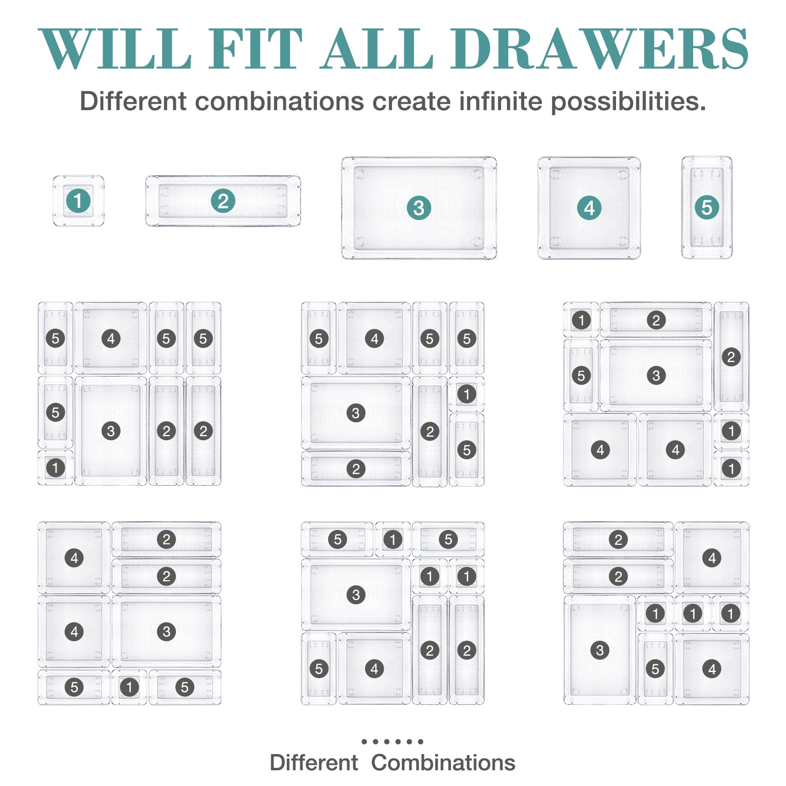 25-Piece Clear Drawer Organizer Set - 4 Sizes Bathroom & Kitchen Cabinet Trays for Makeup, Jewelry, Utensils, Gadgets - Perfect for Home, Office & Travel Storage Solutions