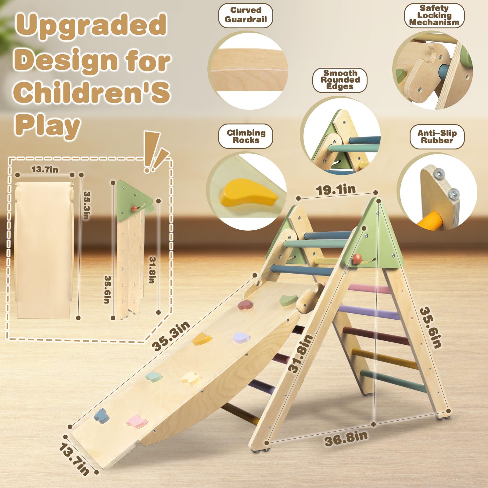 **LOL-FUN 4-in-1 Pikler Triangle Climber Set with Ramp & Slide – Large Foldable Wooden Toddler Climbing Toy for Indoor Play – Montessori Toys for Kids 1-3 Years – Perfect for Home, Nursery & Playroom**