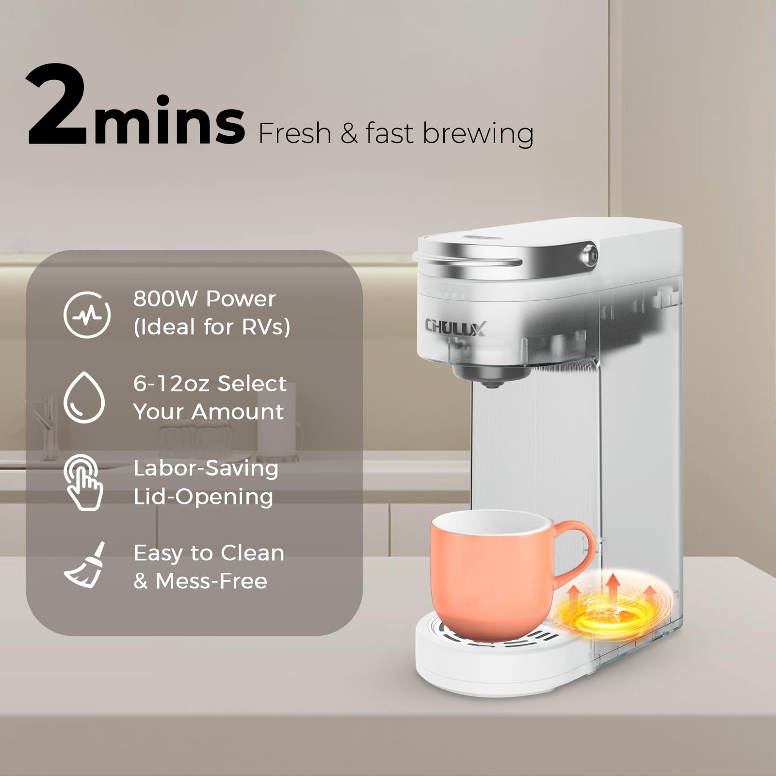 CHULUX Slim Single Serve Coffee Maker for K-Cup Pods - Compact One Cup Coffee Machine Fits 7.3