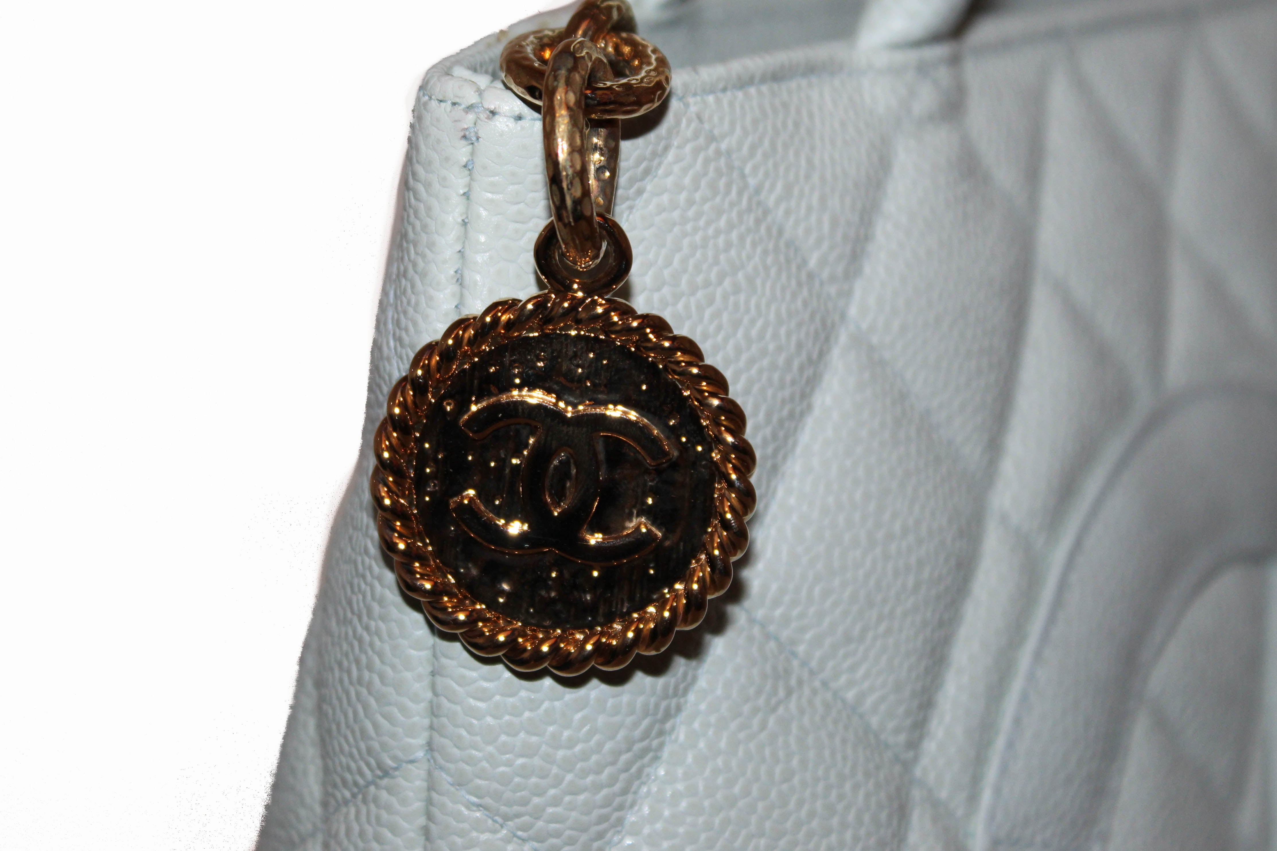 Authentic Chanel Light Blue Caviar Leather Medallion Shoulder Tote Bag - Luxury Designer Handbag for Women, Perfect for Work, Travel & Everyday Use