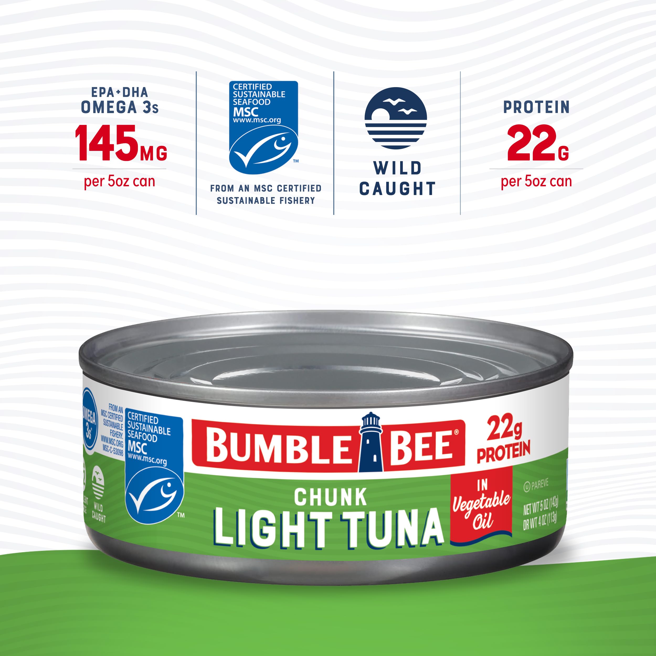 Bumble Bee Chunk Light Tuna in Oil, 5 oz Cans (Pack of 24) - Wild Caught Skipjack Tuna - High Protein 22g per Serving - MSC Certified Sustainable Seafood - Non-GMO, Gluten Free, Kosher - Perfect for Salads, Sandwiches & Quick Meals
